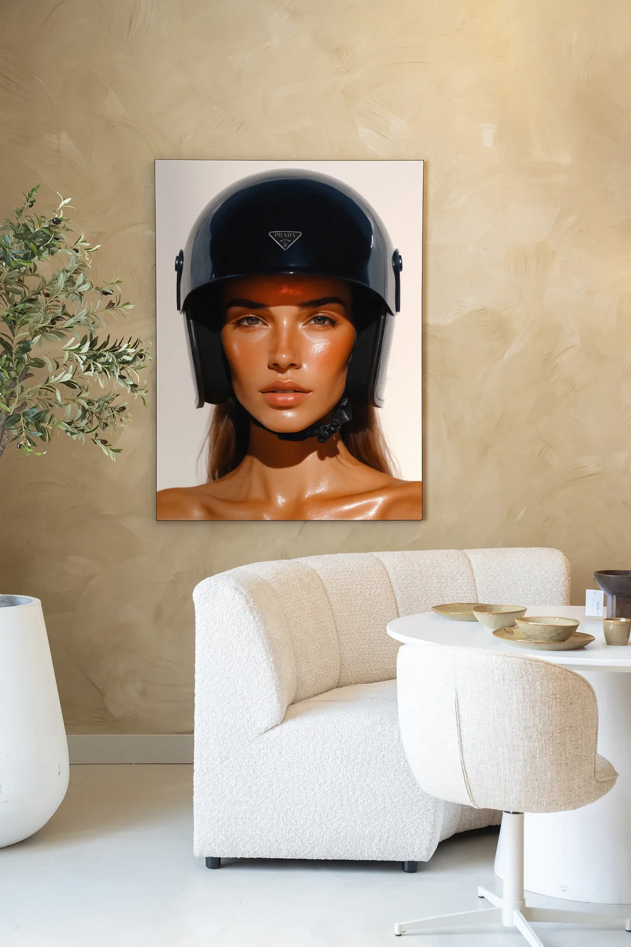 Wandteppich Prada Helmet - Urban Cotton in einem modernen Wohnzimmer mit weißem Stuhl und Tisch
