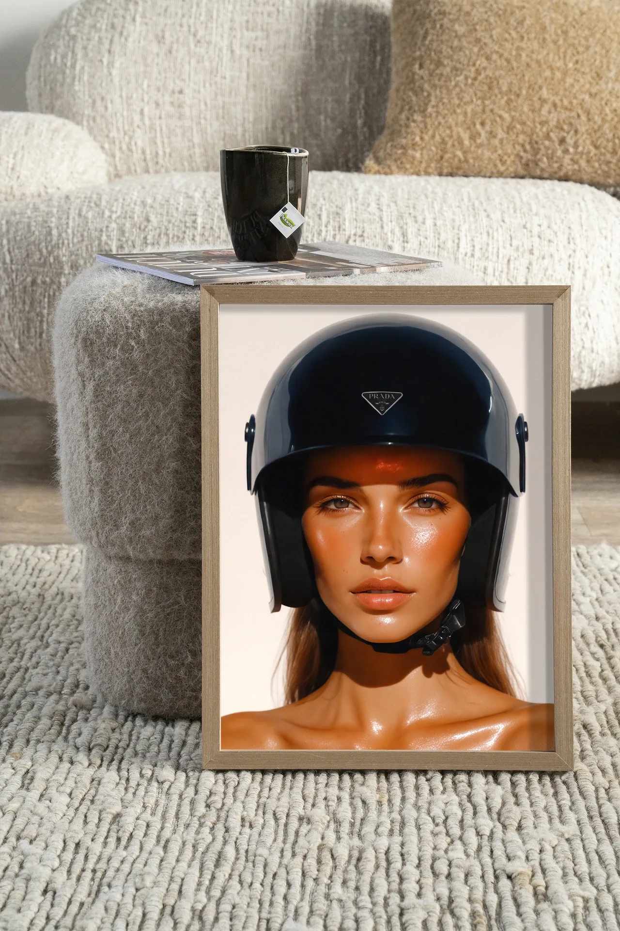 Wandteppich Prada Helmet - Urban Cotton in einem Wohnzimmer mit einer Teetasse auf einem Pouf