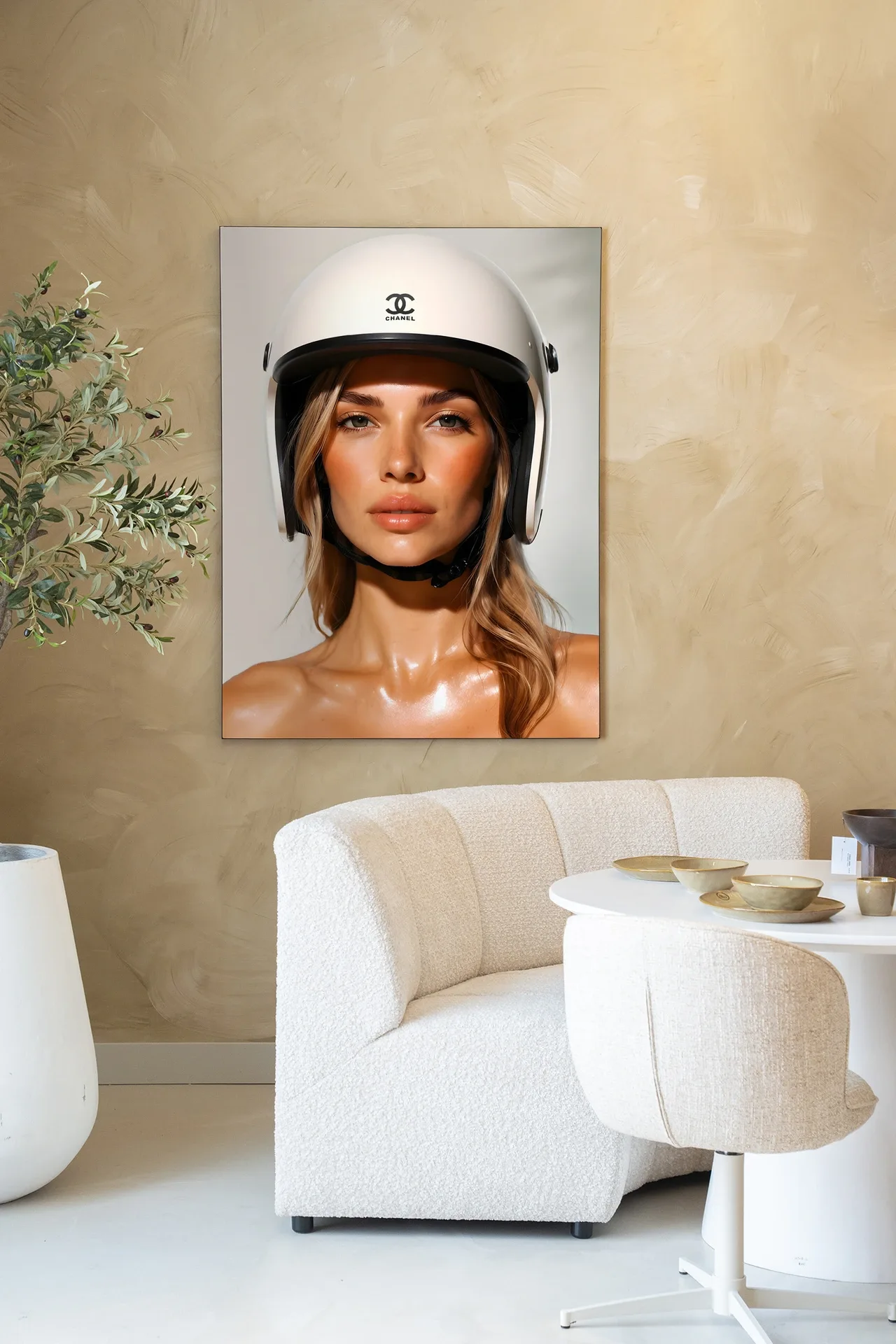 Wandteppich Chanel Helmet an einer beigen Wand, mit einer Pflanze und einem weißen Stuhl im Vordergrund - Urban Cotton