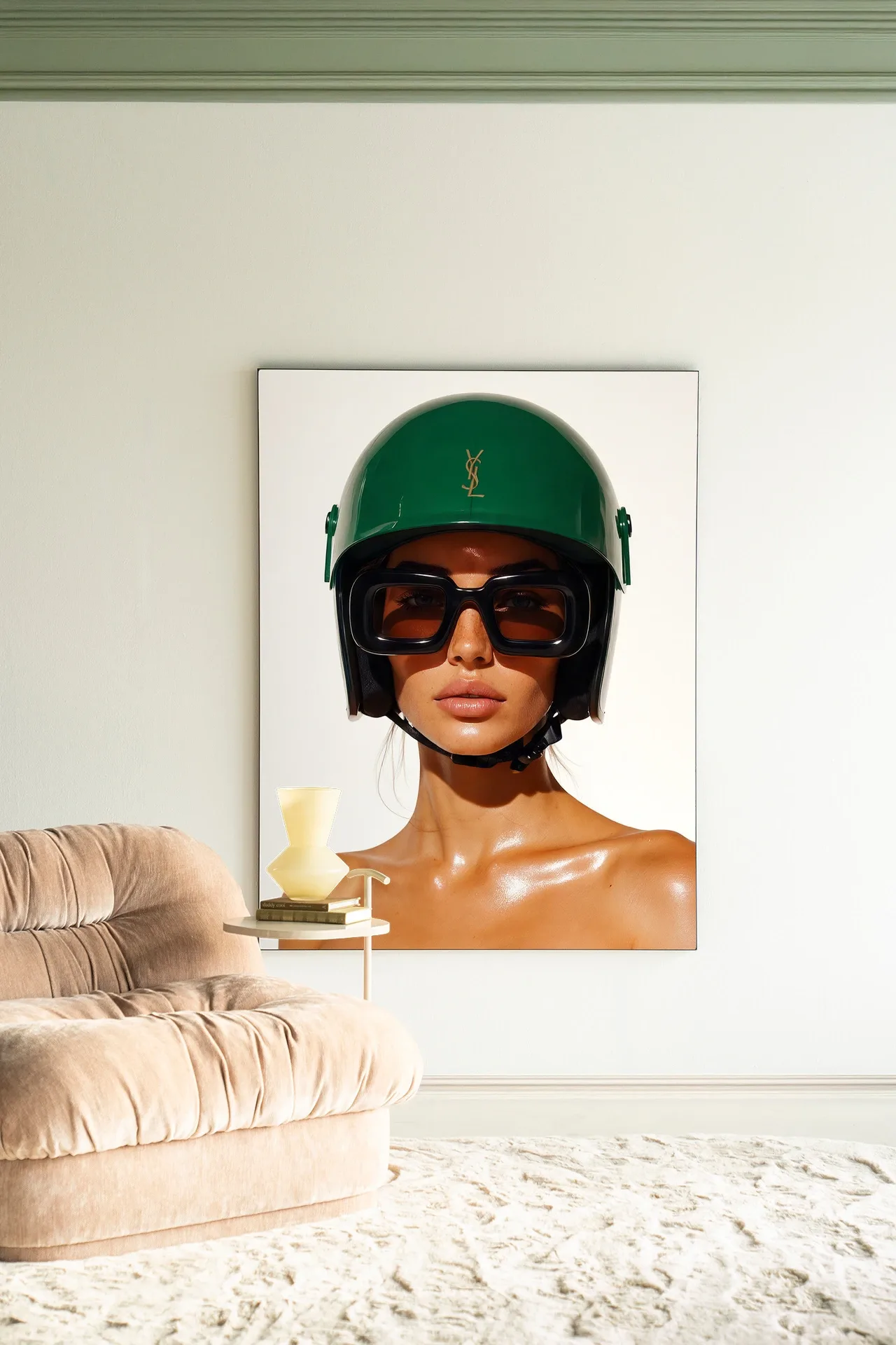 Wandteppich Saint Laurent Helmet in einem hellen Wohnzimmer mit beigem Sessel und einem weißen Beistelltisch - Urban Cotton