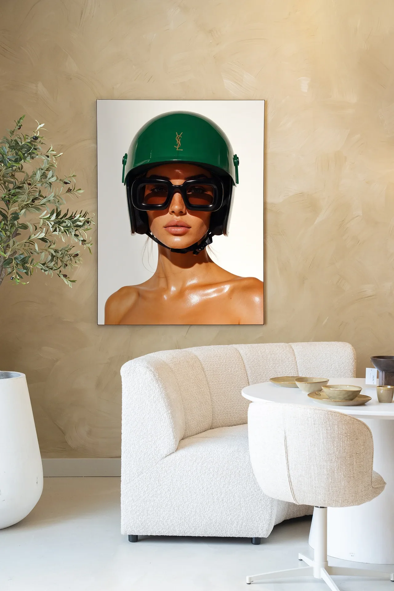 Wandteppich Saint Laurent Helmet in einem modernen Interieur mit weißem Stuhl und Tisch - Urban Cotton