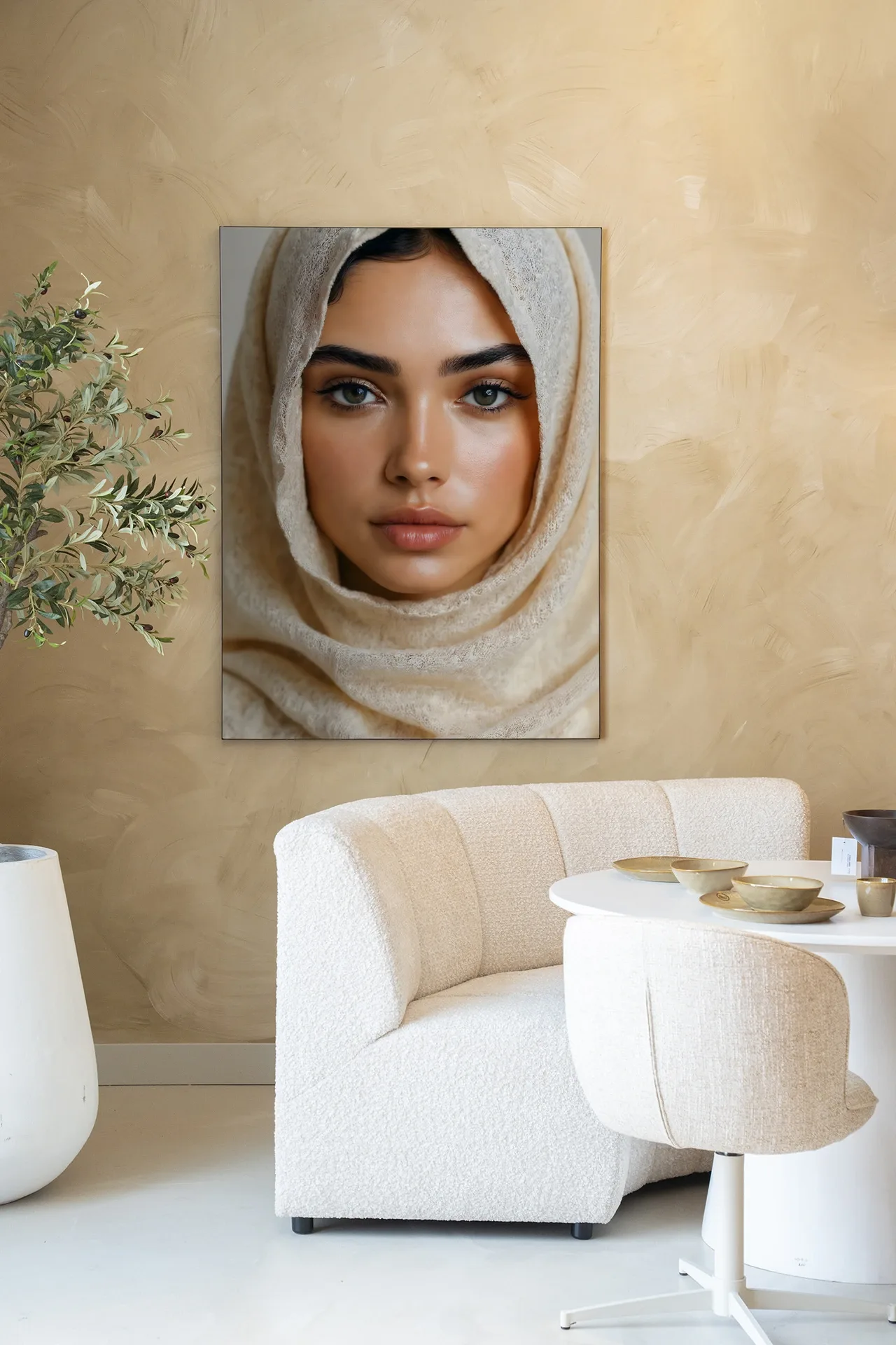 Wandteppich Sahara - Urban Cotton hängt an einer sandfarbenen Wand über einem cremefarbenen Sofa und Tisch