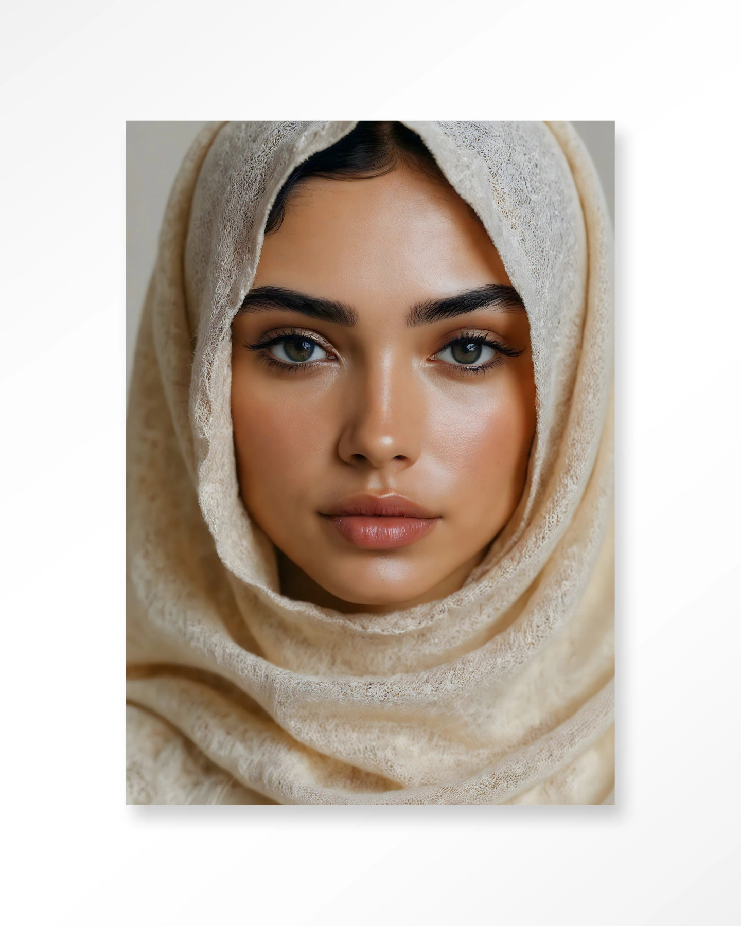 Nahaufnahme einer Frau mit hellem Kopftuch, mit Fokus auf ihr Gesicht und ihre Augen - Urban Cotton