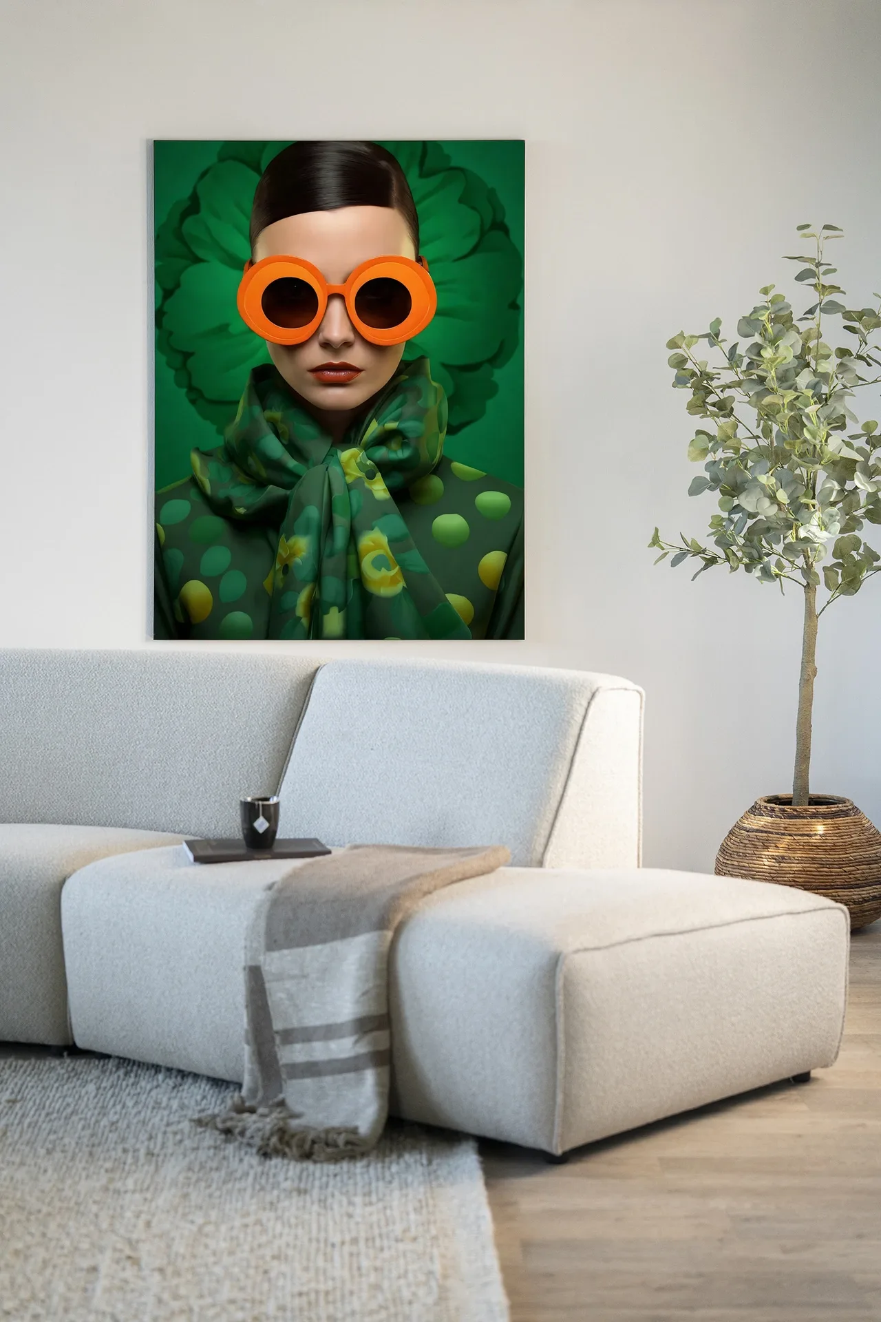 Wandteppich Green Flower - Urban Cotton in einem modernen Wohnzimmer mit hellem Sofa und Pflanze