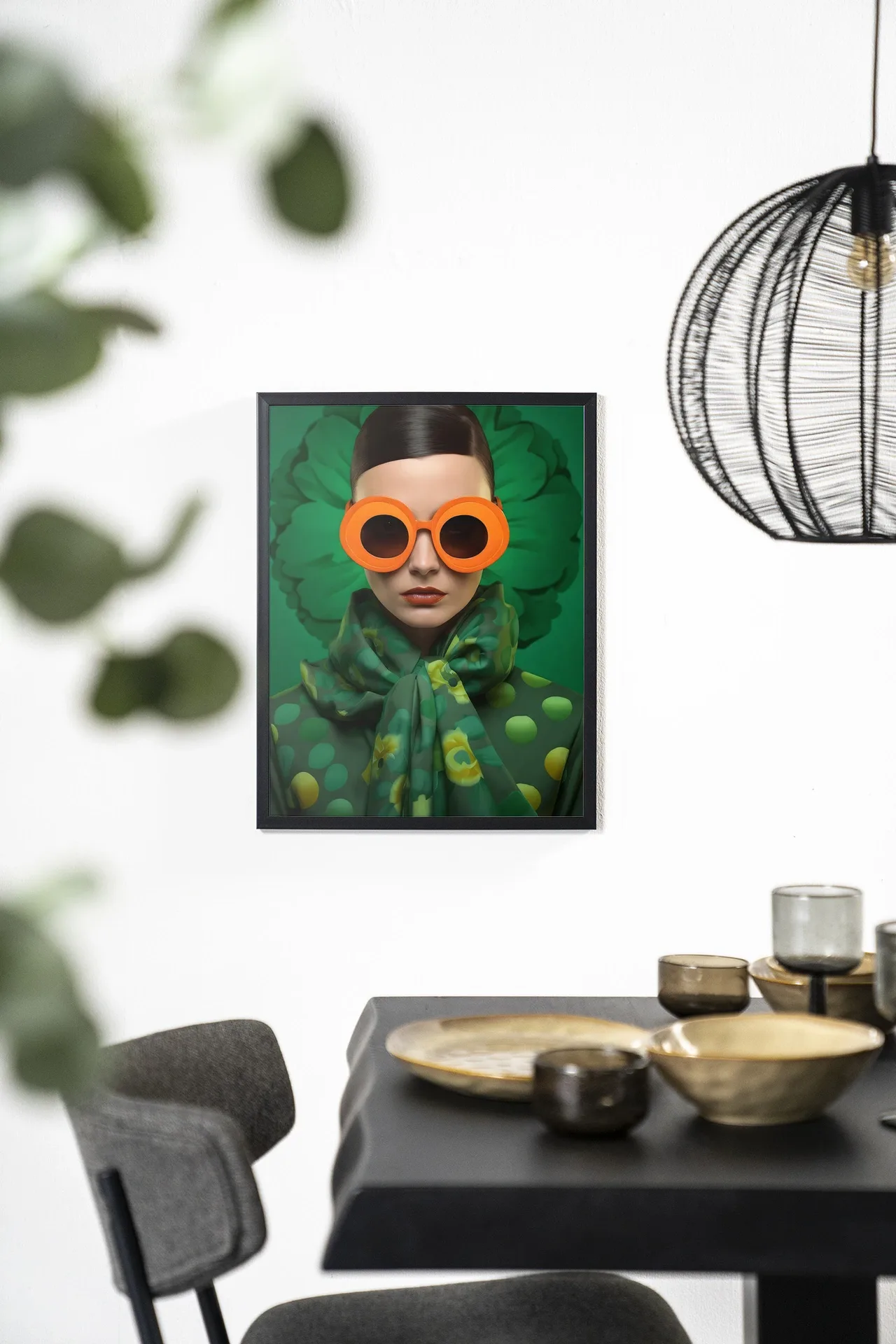Wandteppich Green Flower an einer weißen Wand über einem schwarzen Esstisch mit goldenem Geschirr - Urban Cotton