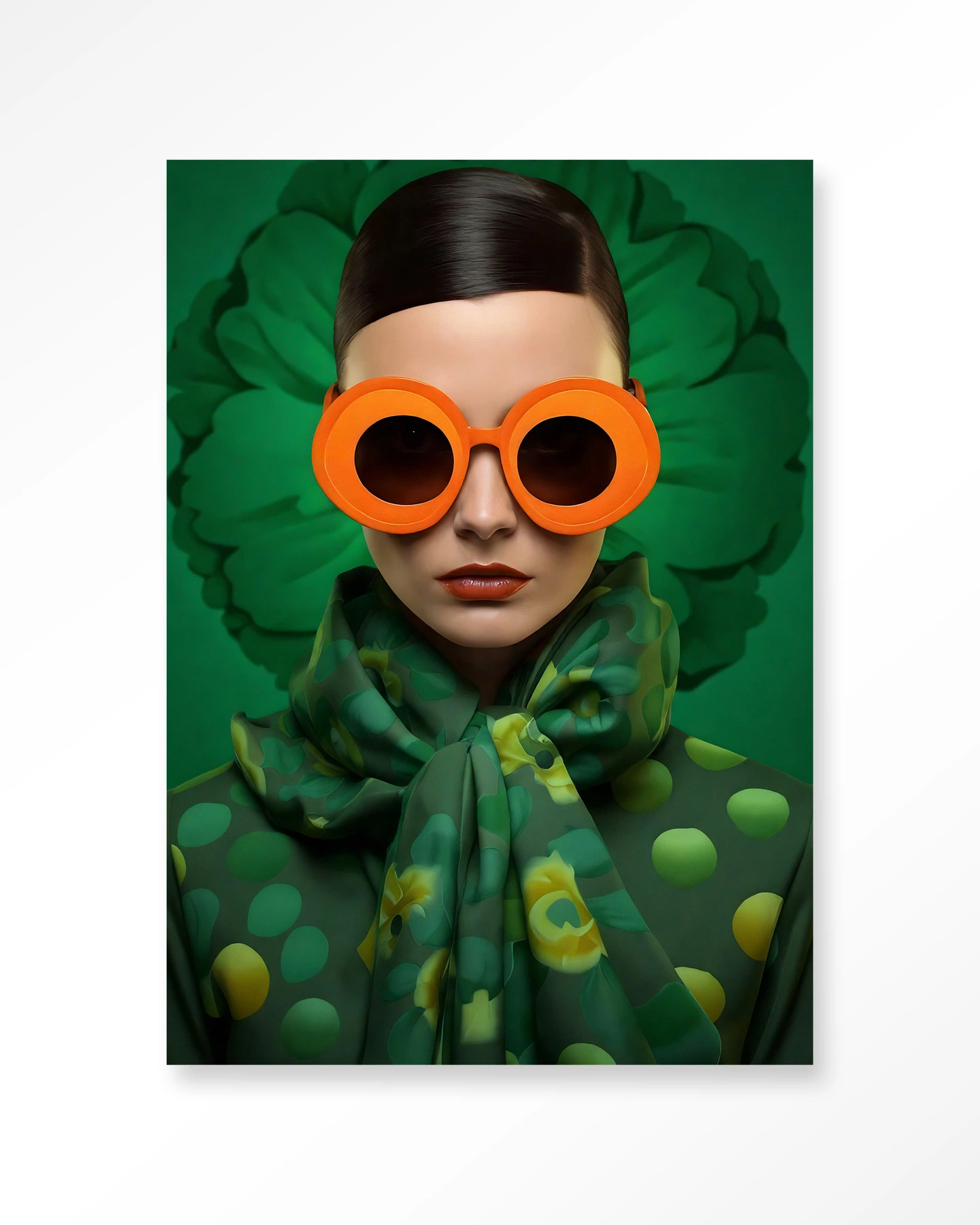 Wandteppich Green Flower mit einer Frau mit oranger Sonnenbrille und grünem Schal mit Blumen - Urban Cotton