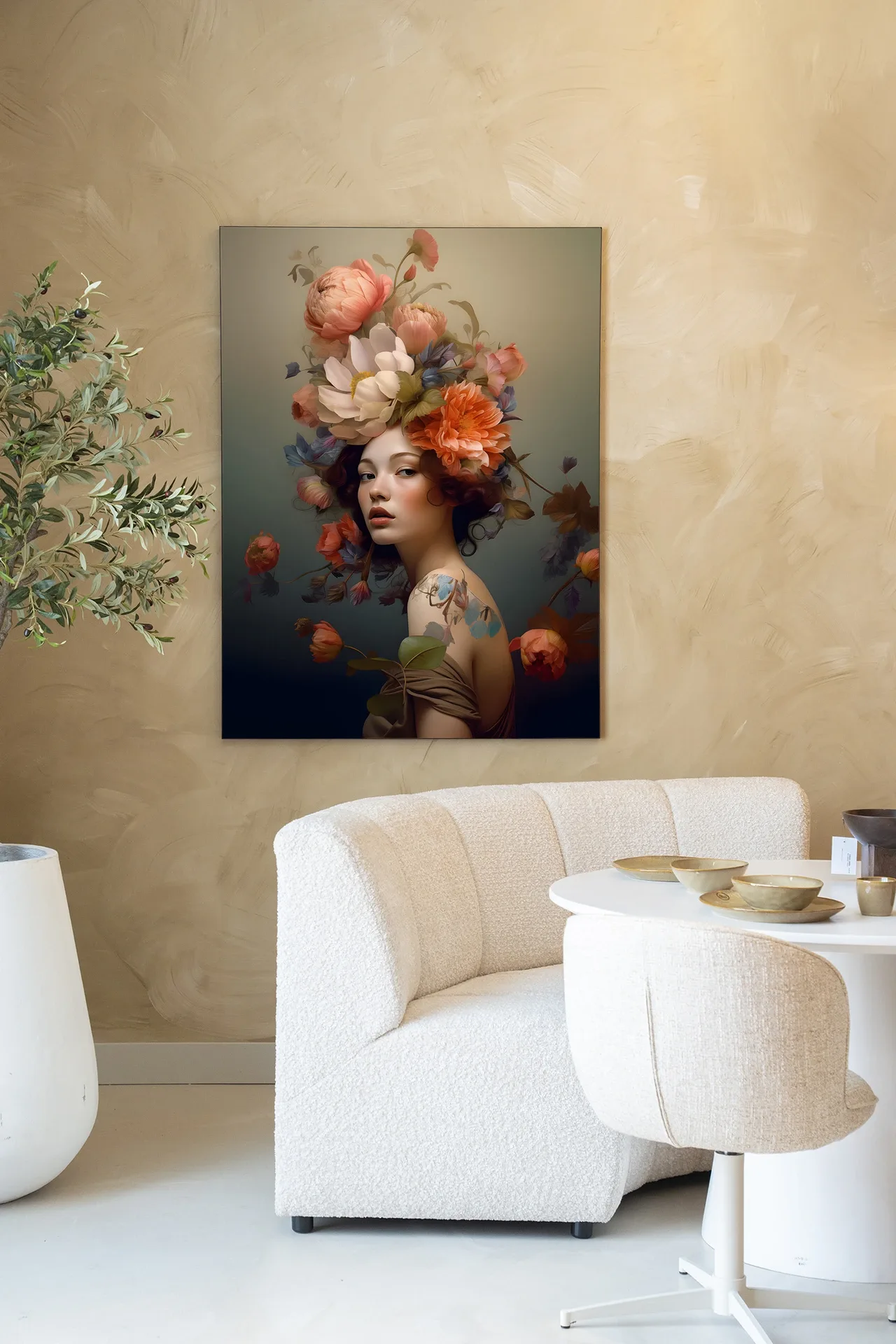 Der Wandteppich Vintage Flower Girl - Urban Cotton hängt an einer beigen Wand, mit einem weißen Stuhl und Tisch im Vordergrund