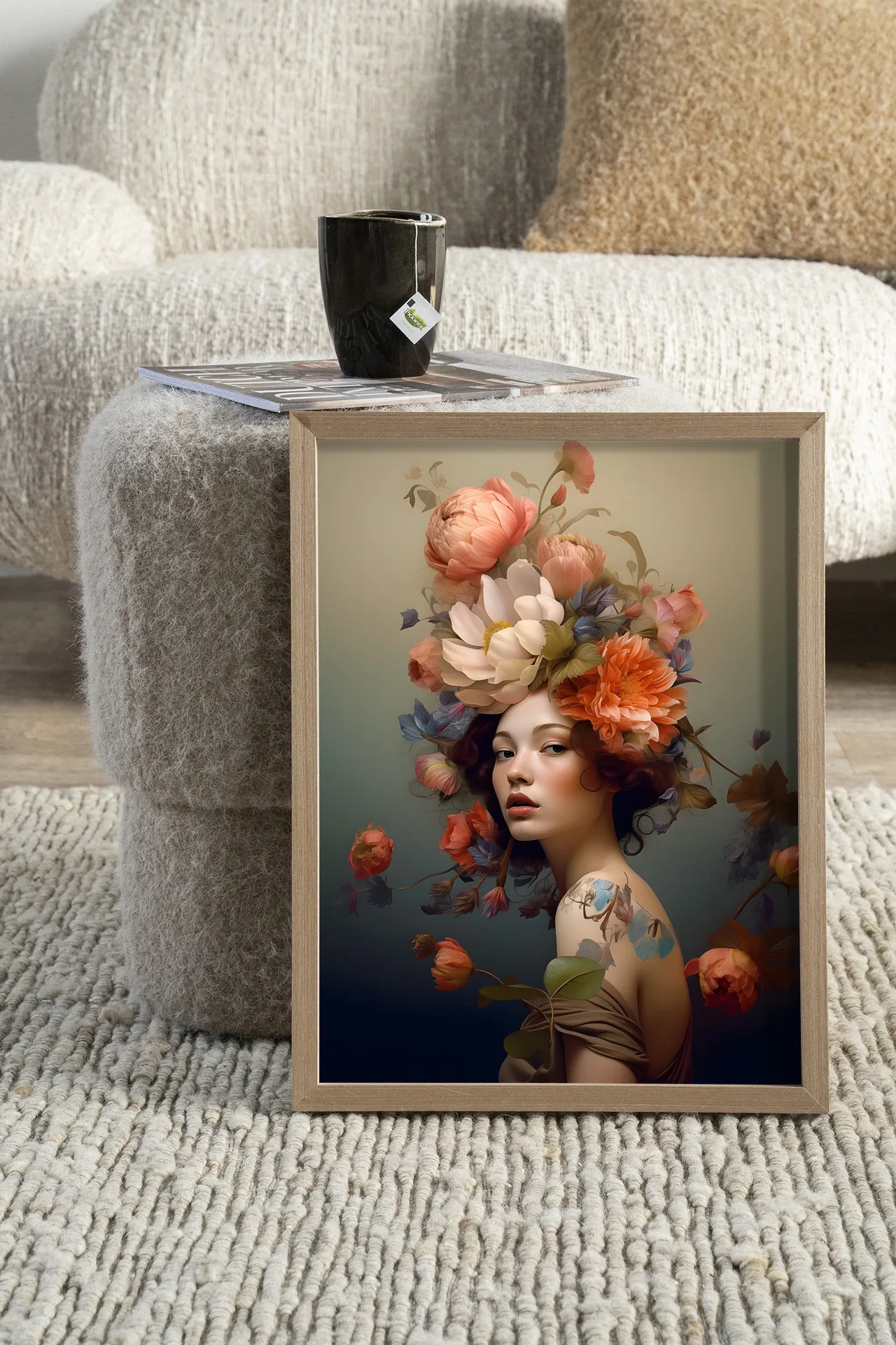 Wandteppich Vintage Flower Girl - Urban Cotton in einem Wohnzimmer, stehend auf einem hellen Teppich, neben einem Pouf mit einer Teetasse