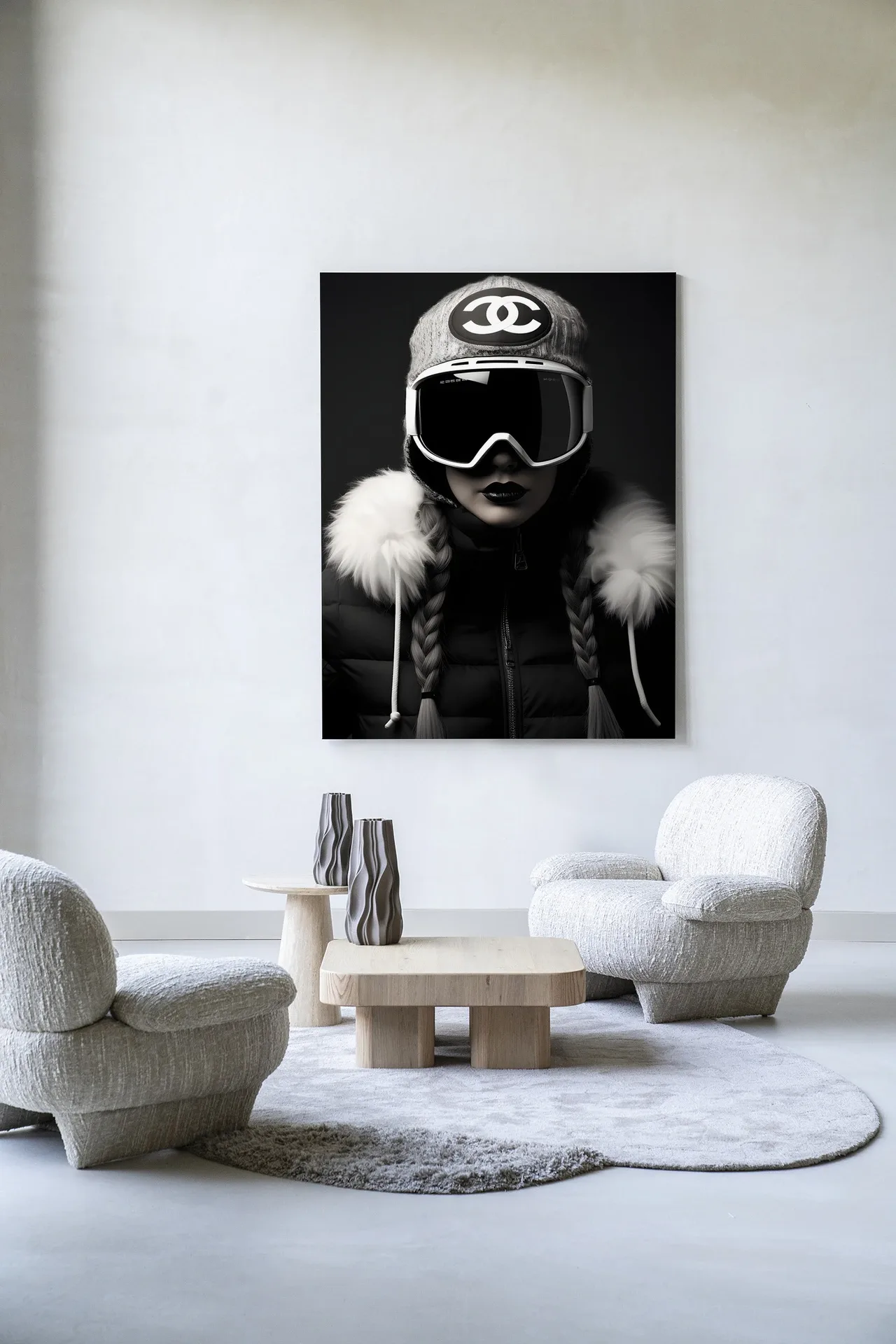 Wandteppich Luxury Snow Girl - Urban Cotton in einem modernen Wohnzimmer mit zwei Sesseln und Couchtischen