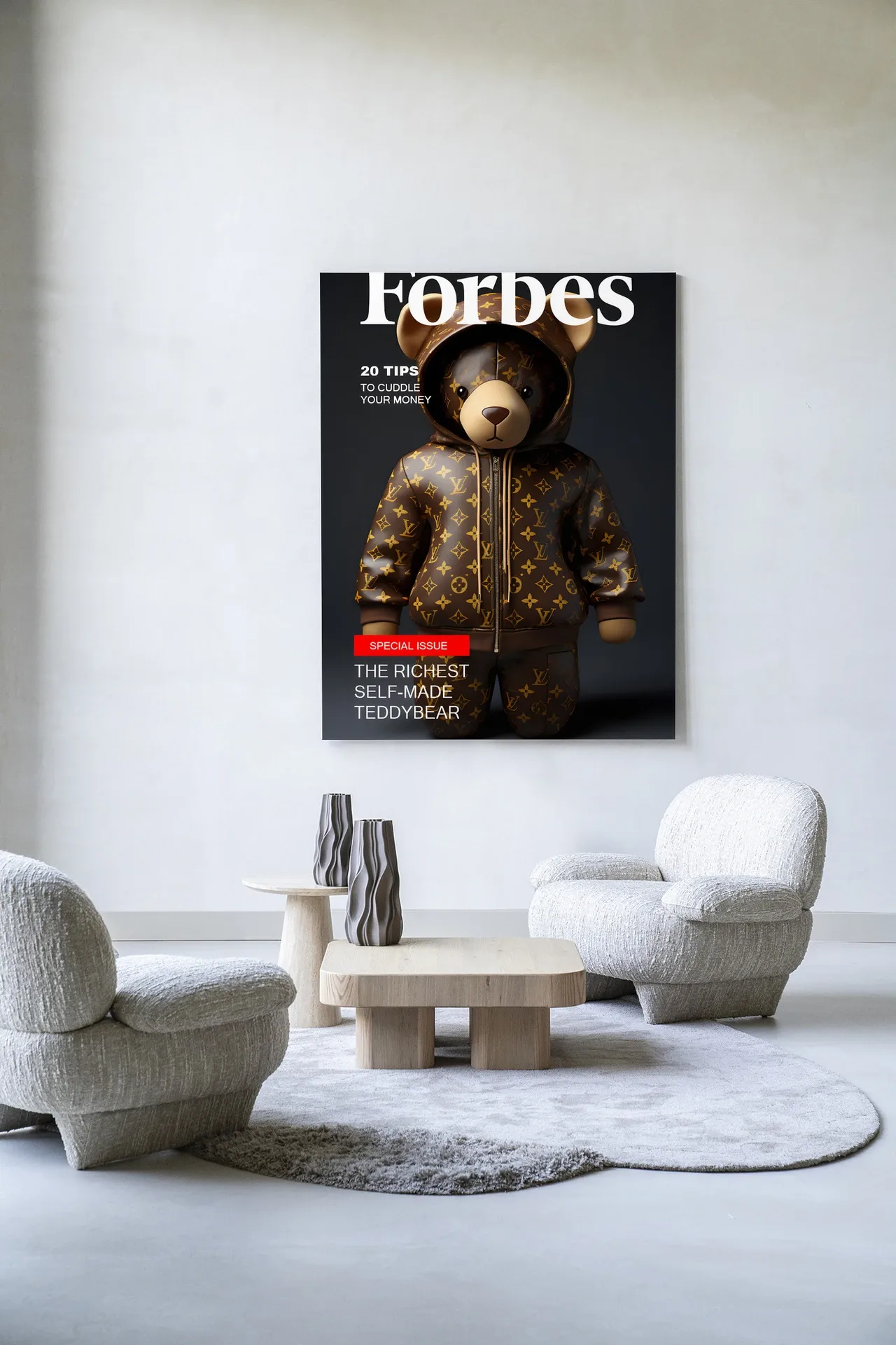 Wandteppich Selfmade Teddybear - Urban Cotton hängt an einer weißen Wand in einem modernen Interieur