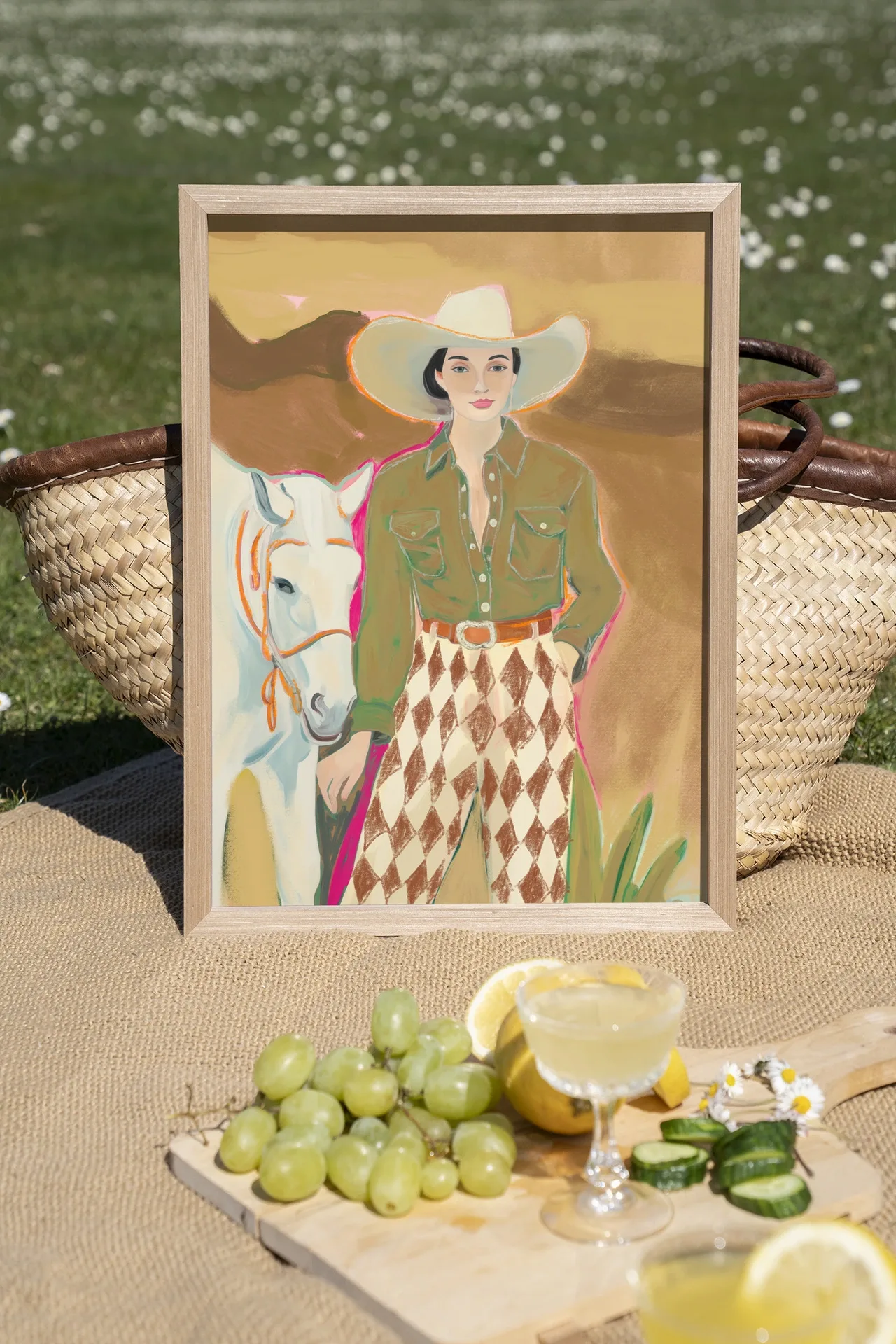 Wandteppich Cowgirl 3 - Urban Cotton in einem Holzrahmen, stehend im Gras bei einem Picknick