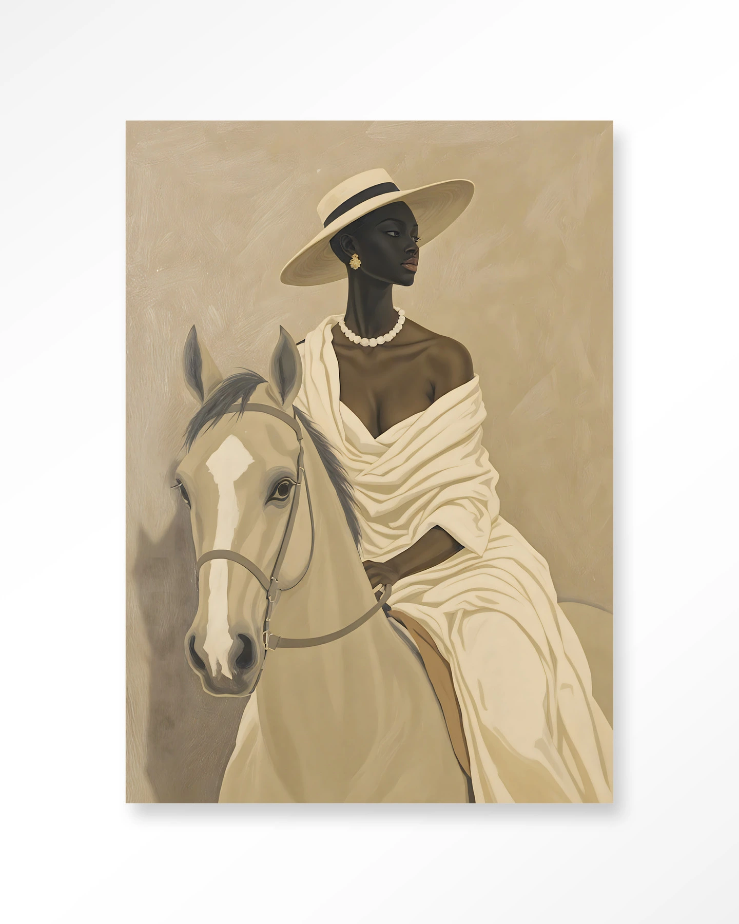 Gemälde einer Frau mit Hut und Perlenkette auf einem Pferd, in einem eleganten Ambiente - Urban Cotton