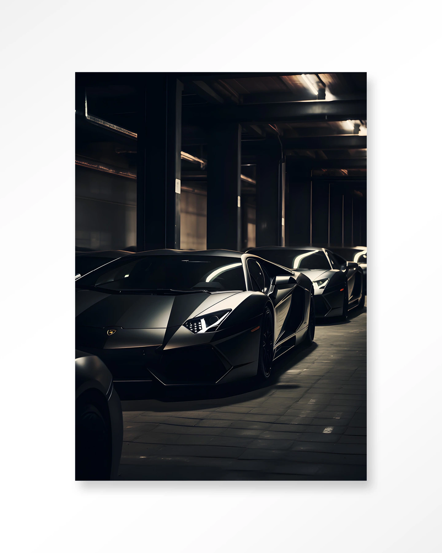 Wandteppich Luxury Drive - Urban Cotton zeigt eine Reihe schwarzer Sportwagen in einer dunklen Tiefgarage