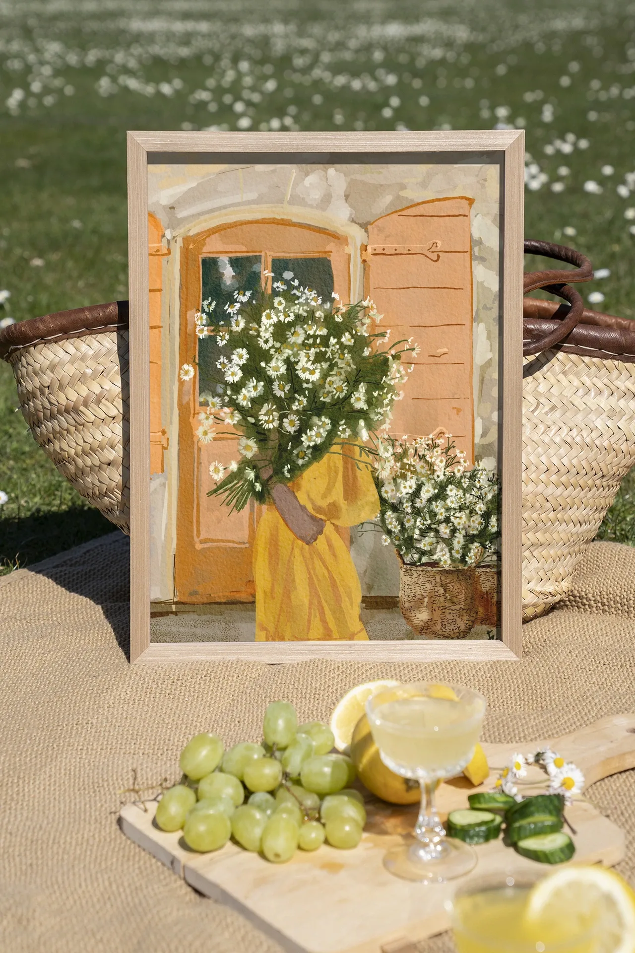 Wandteppich Daisy Lady - Urban Cotton, stehend auf einer Jute-Picknickdecke mit Obst und Getränken