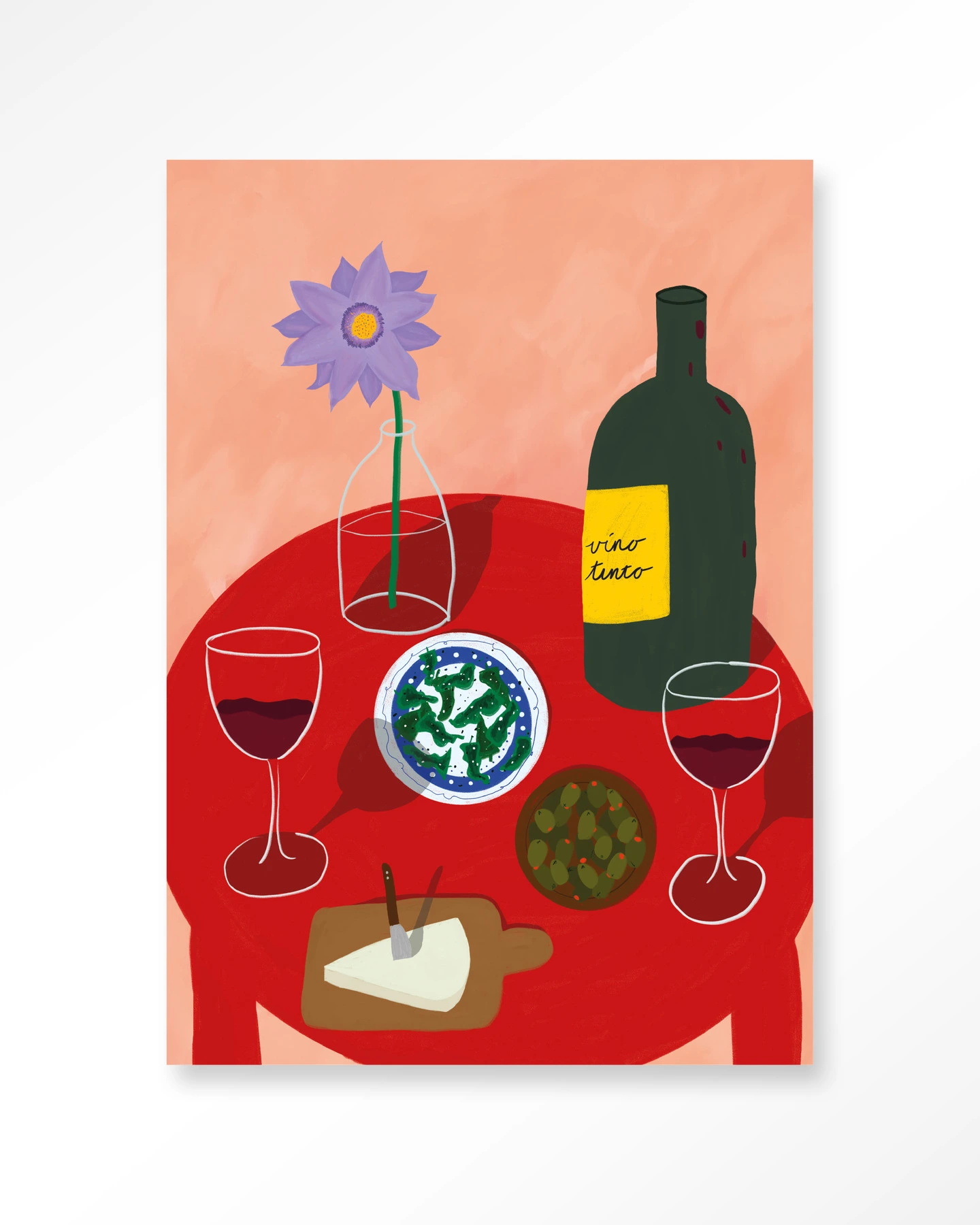 Der Wandteppich Tinto Evening - Urban Cotton zeigt eine Illustration eines Tisches mit Wein, Käse, Oliven und einer Blume