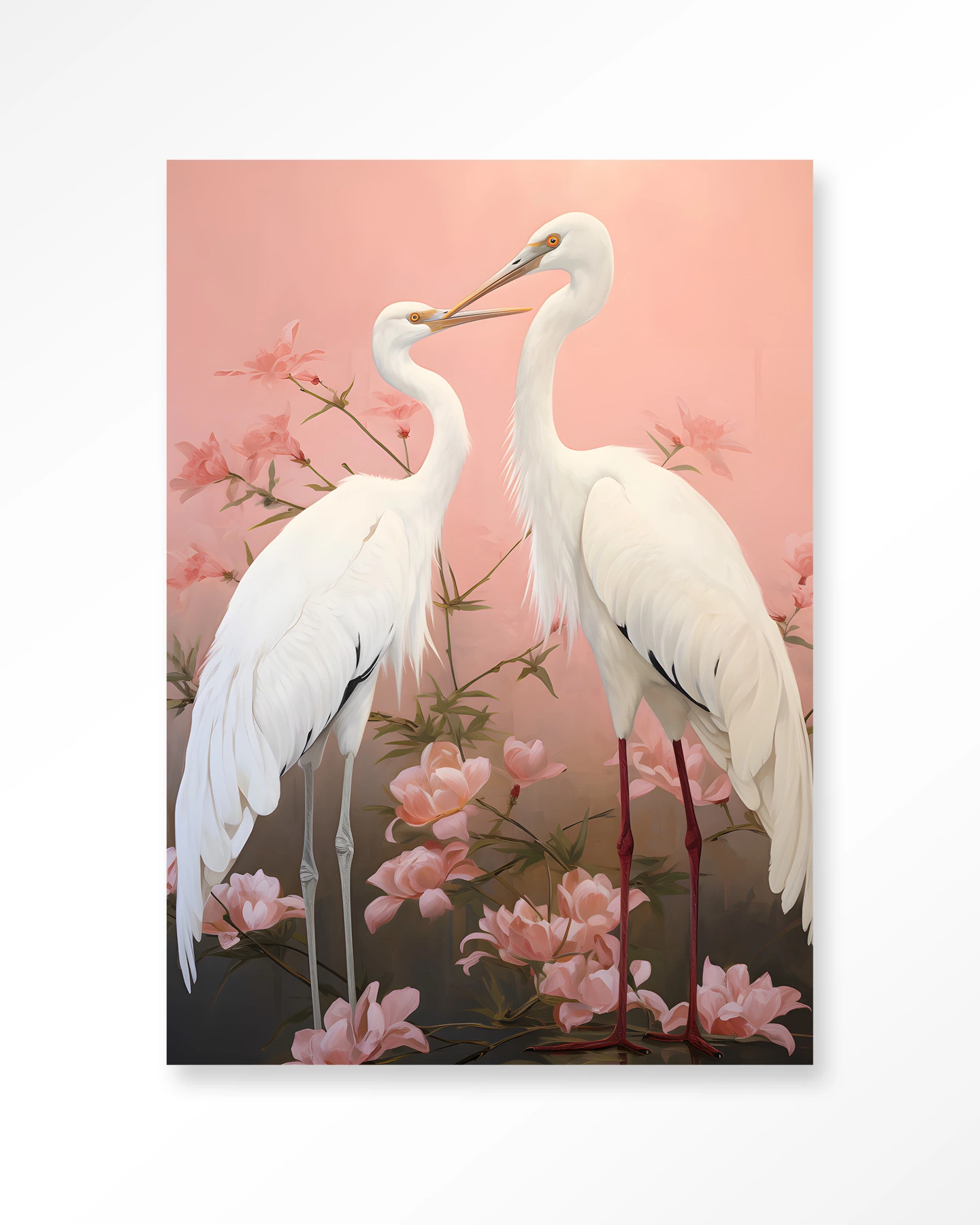 Wandteppich Pink Love Birds von Urban Cotton mit zwei weißen Reihern zwischen rosa Blumen auf rosa Hintergrund