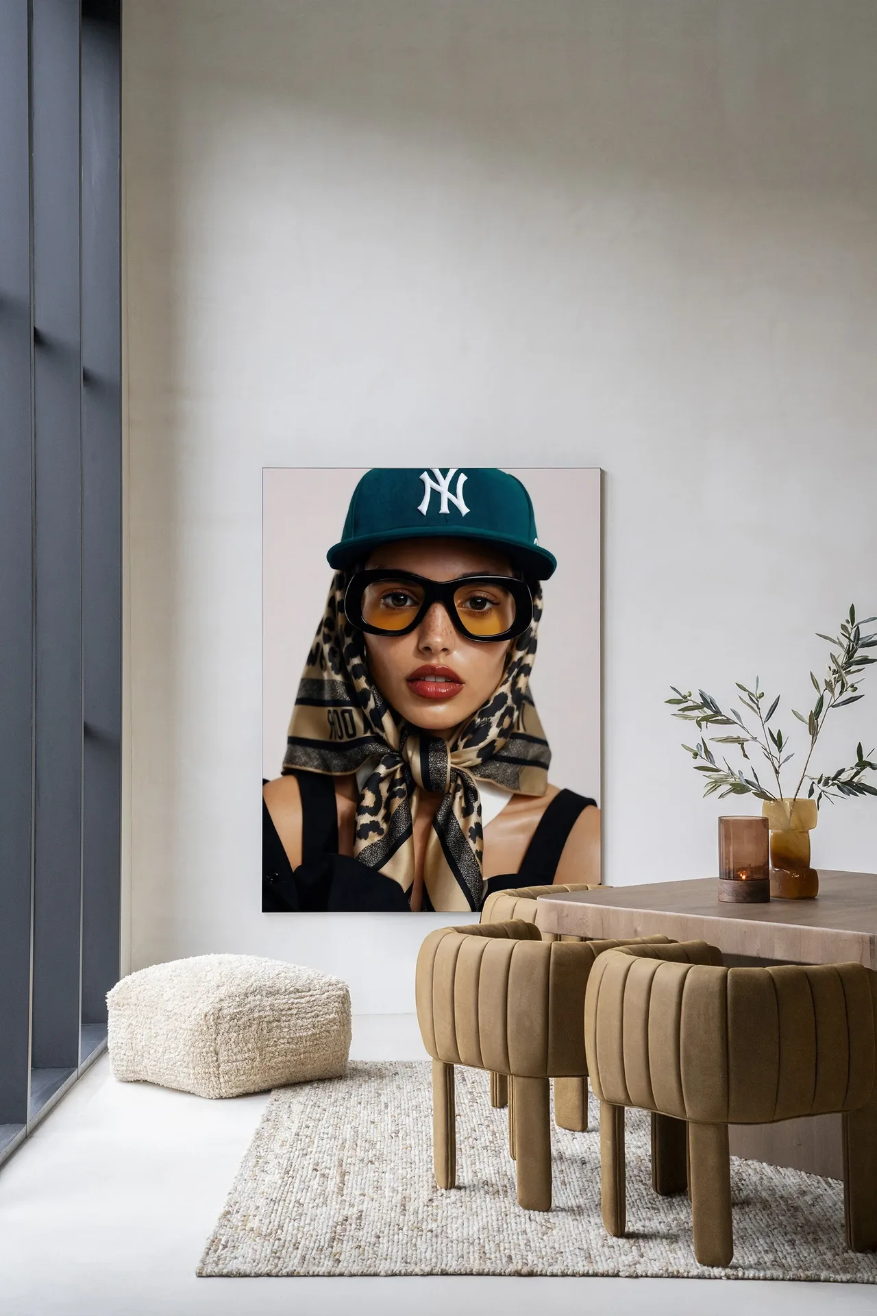 Wandteppich Cool Girl - Urban Cotton in einem modernen Wohnzimmer mit einem Pouf und Stühlen