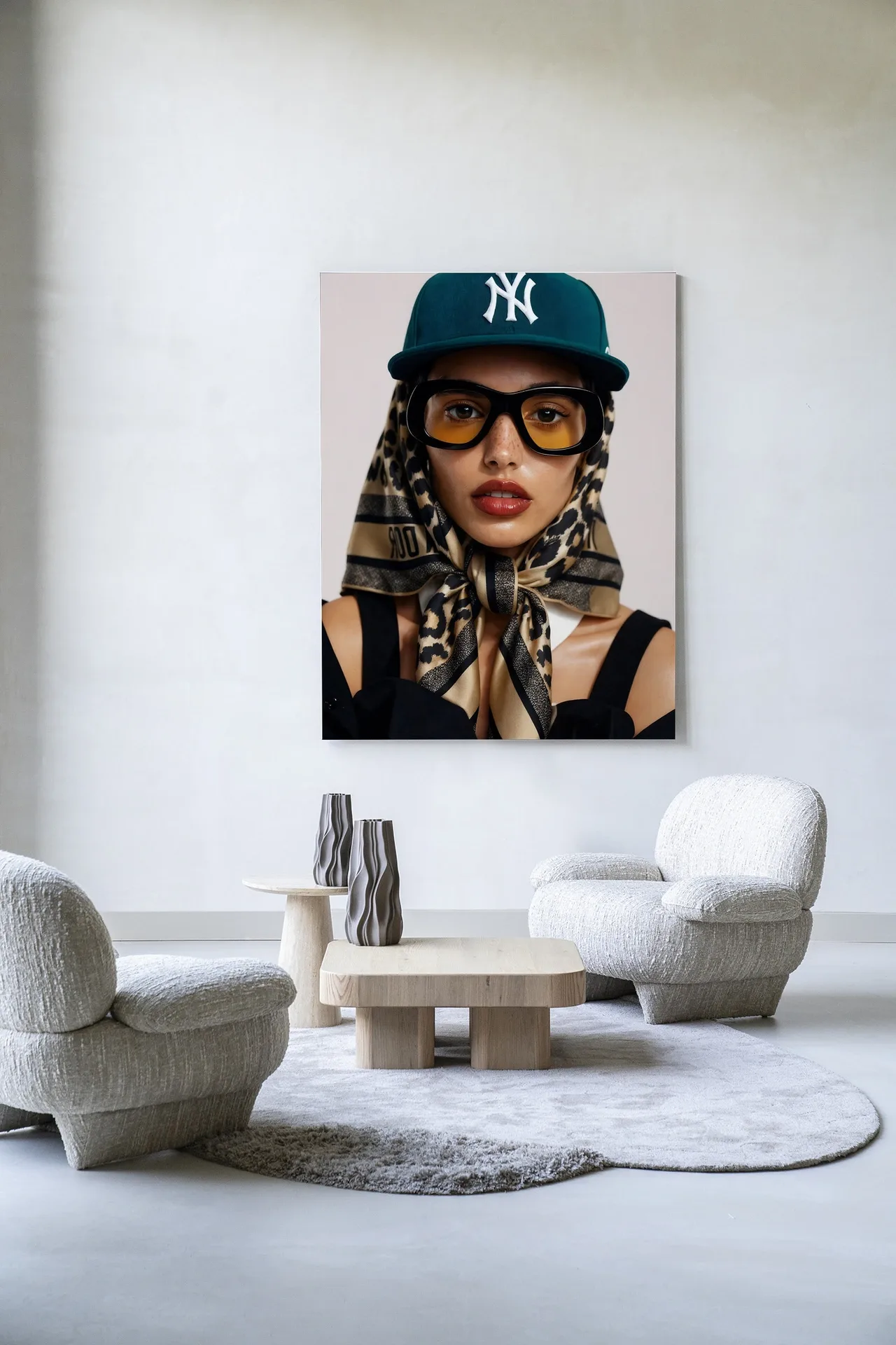 Wandteppich Cool Girl - Urban Cotton in einem modernen Wohnzimmer mit zwei Sesseln und Couchtischen