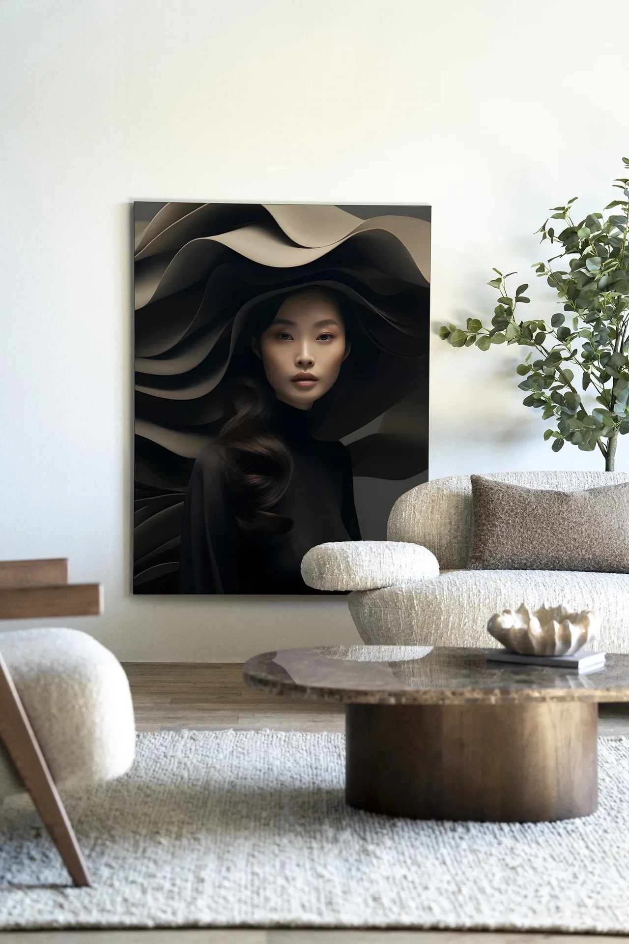 Wandteppich Dark Flow in einem modernen Interieur mit beigefarbenem Sofa und Couchtisch - Urban Cotton