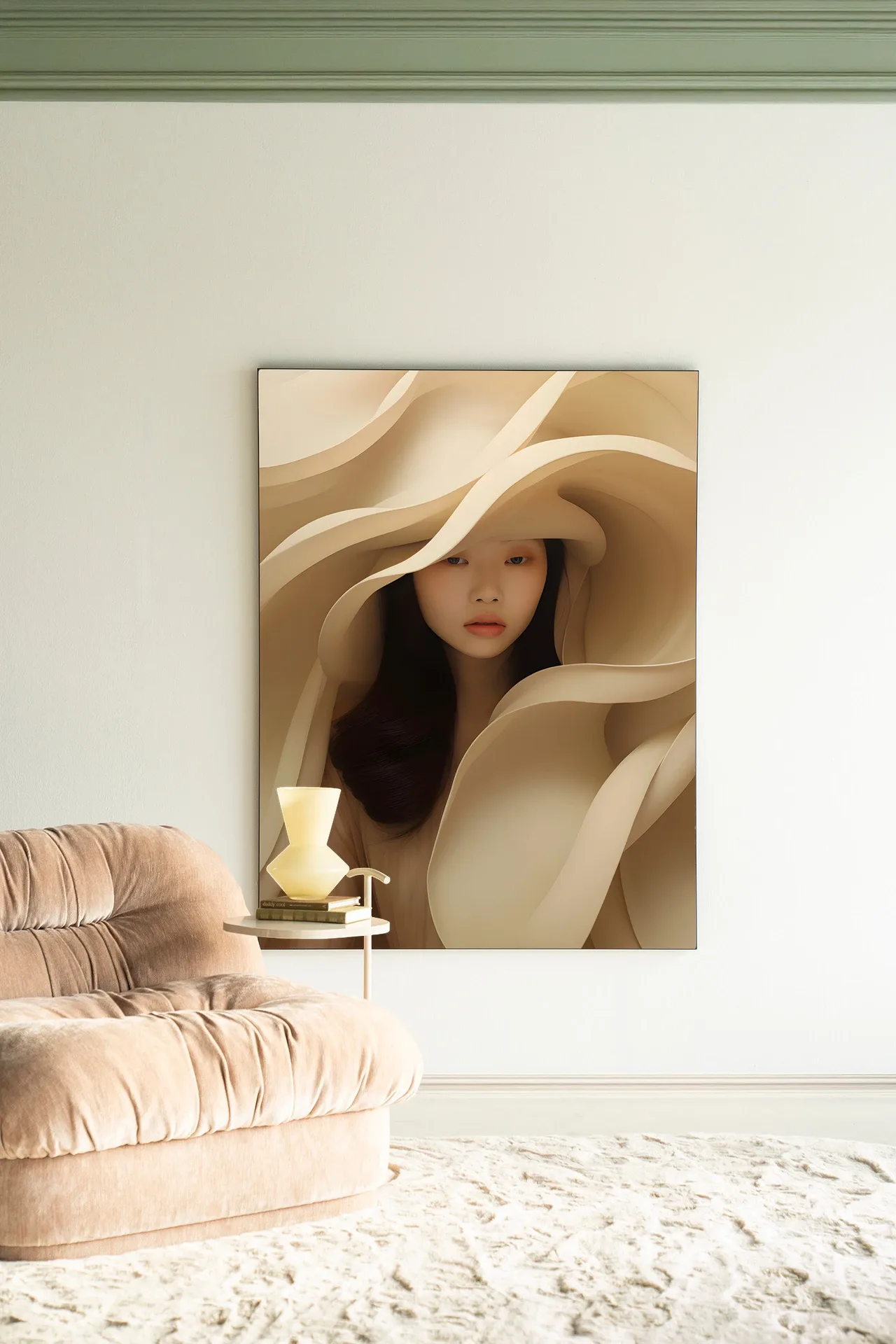Wandteppich Light Flow - Urban Cotton hängt an einer hellen Wand über einem beigefarbenen Sofa