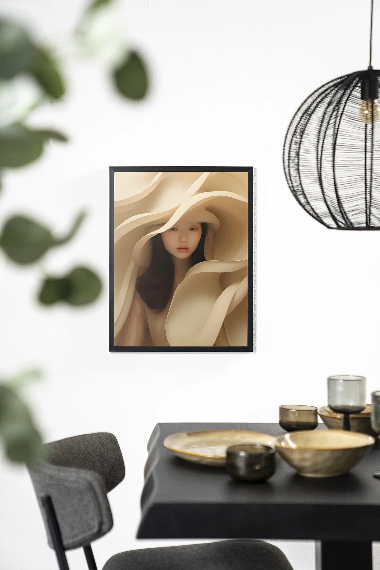 Wandteppich Light Flow - Urban Cotton hängt an einer weißen Wand in einem Esszimmer