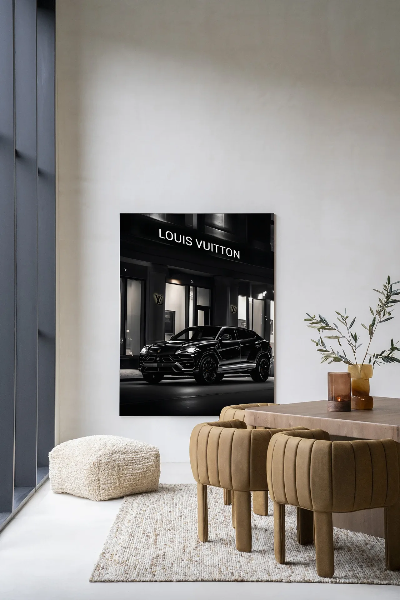 Wandteppich Urus LV - Urban Cotton in einem modernen Interieur mit einer Bank und einem Teppich