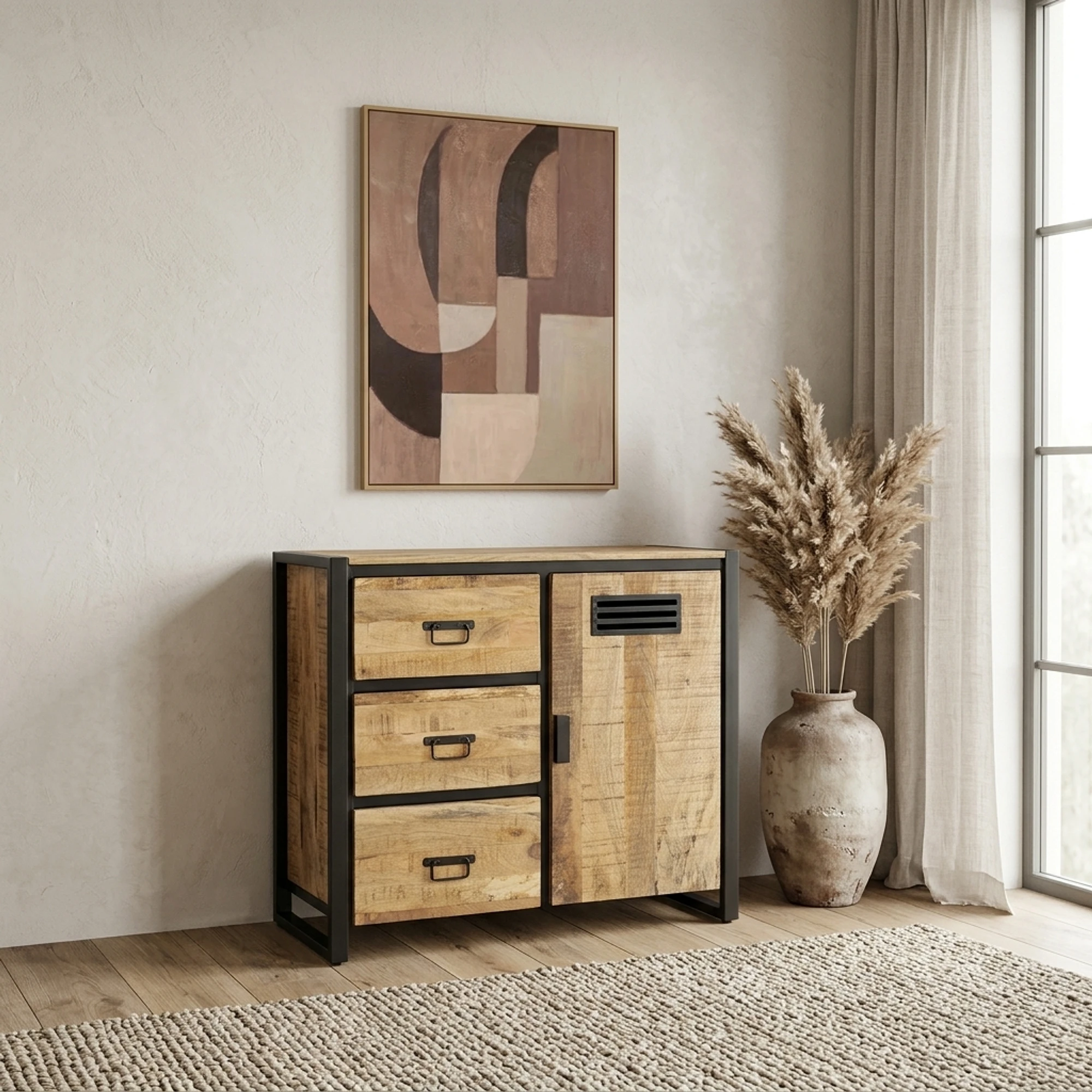 Sideboard Luna with Drawers and Door 94 (Mango wood, Black) - Benoa