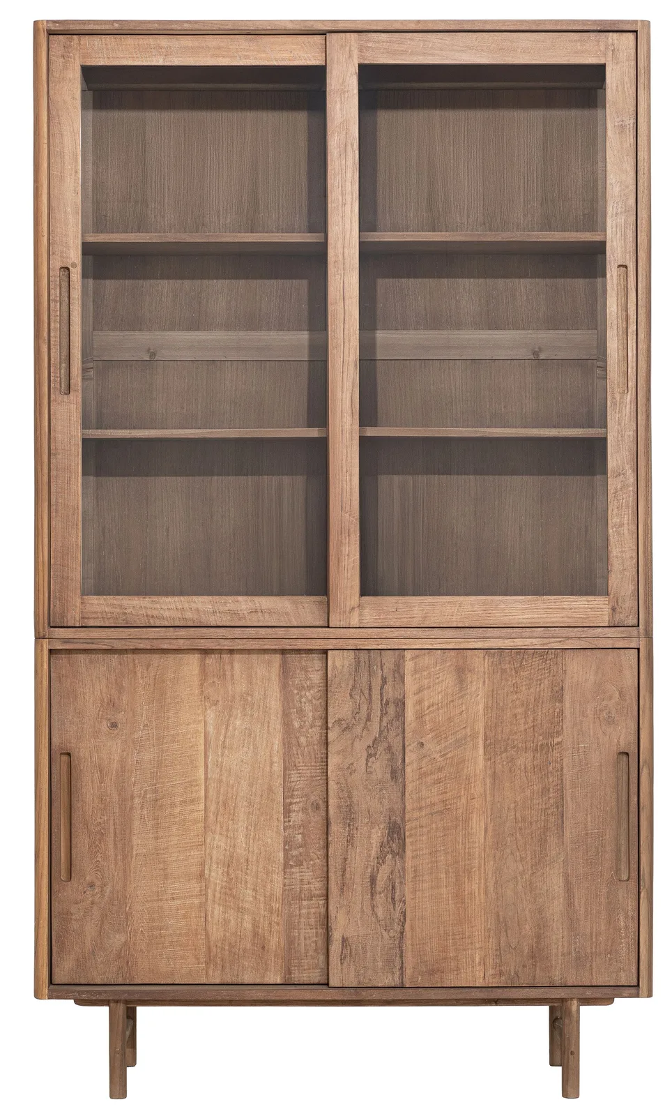 Vitrinekast Bliss medium met twee glazen schuifdeuren en twee houten schuifdeuren op een witte achtergrond - DTP Home