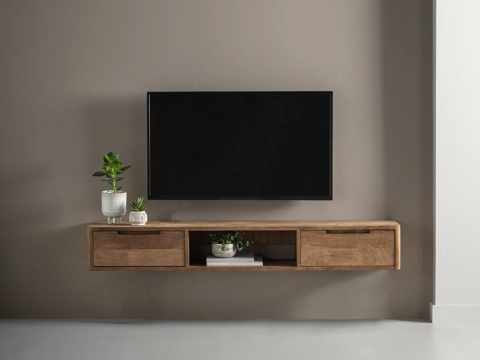 Tv-meubel Bliss No.1 zwevend klein in een studio met een tv en planten erop - DTP Home