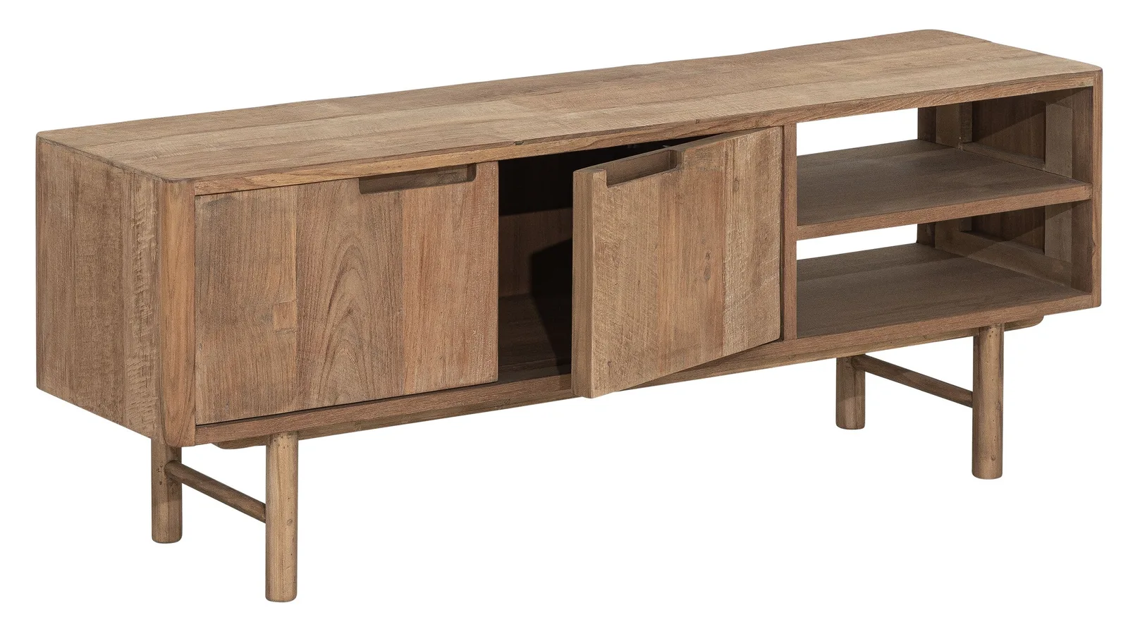 Tv-meubel Bliss No.2 klein op een witte achtergrond, met twee openstaande deuren en twee open vakken - DTP Home