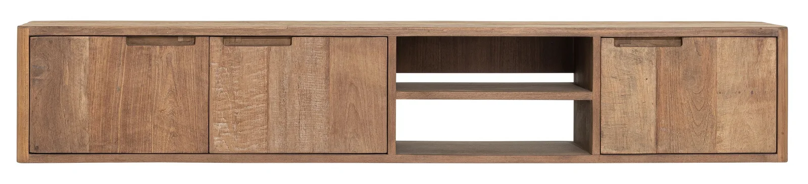 Tv-Möbel Bliss No.2 schwebend klein, ein Holzsideboard mit zwei Schränken und einem offenen Fach auf weißem Hintergrund - DTP Home