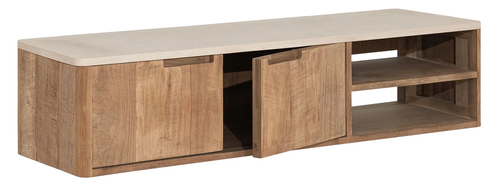Tv-meubel Bliss No.2 zwevend op een witte achtergrond, met de linker kastdeur open - DTP Home