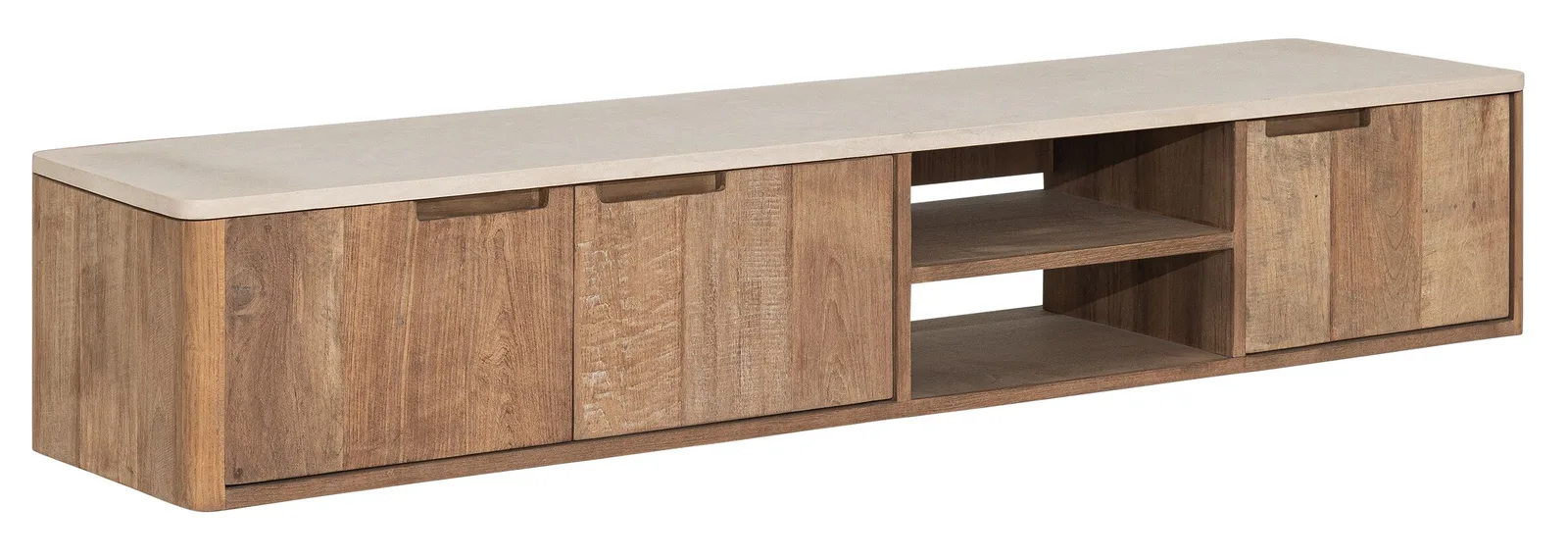 Tv-meubel Bliss No.2 zwevend op een witte achtergrond, met een lichte top en houten deuren en open vakken - DTP Home