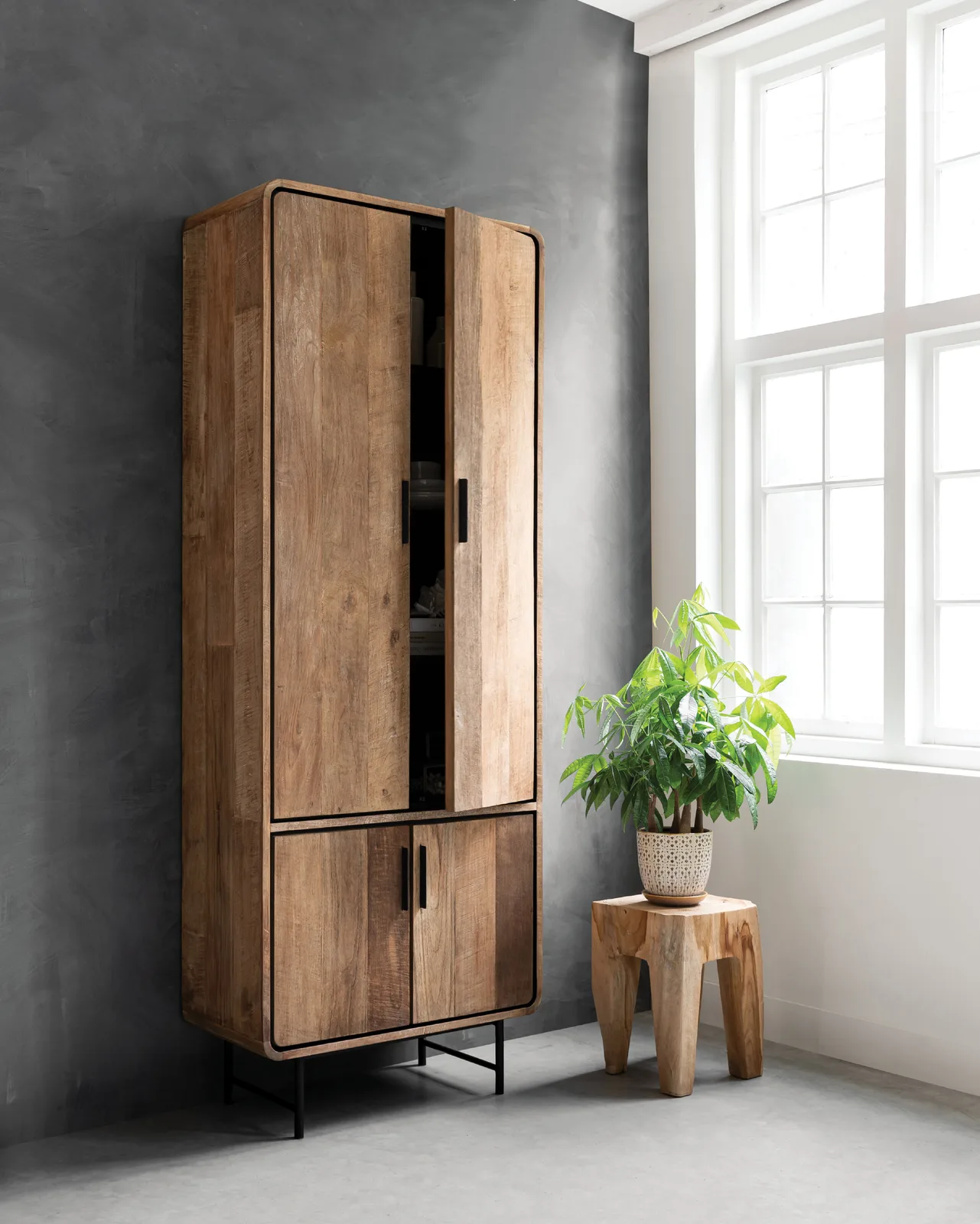 Kast Evo in een moderne woonkamer met een plant op een houten kruk naast een raam - DTP Home