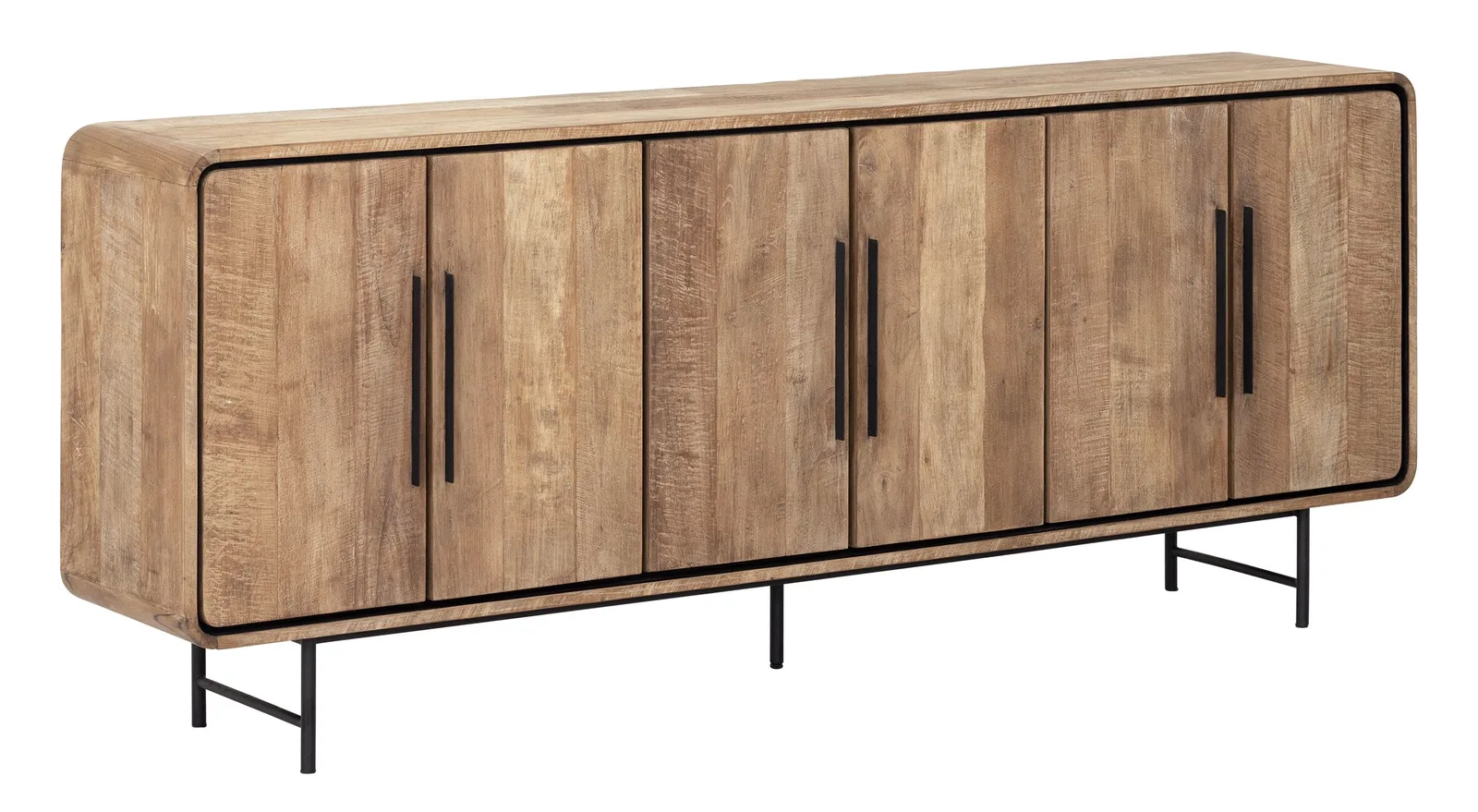 Sideboard Evo auf schwarzen Metallbeinen, mit vier Türen und vertikalen Griffen, vor einem weißen Hintergrund - DTP Home
