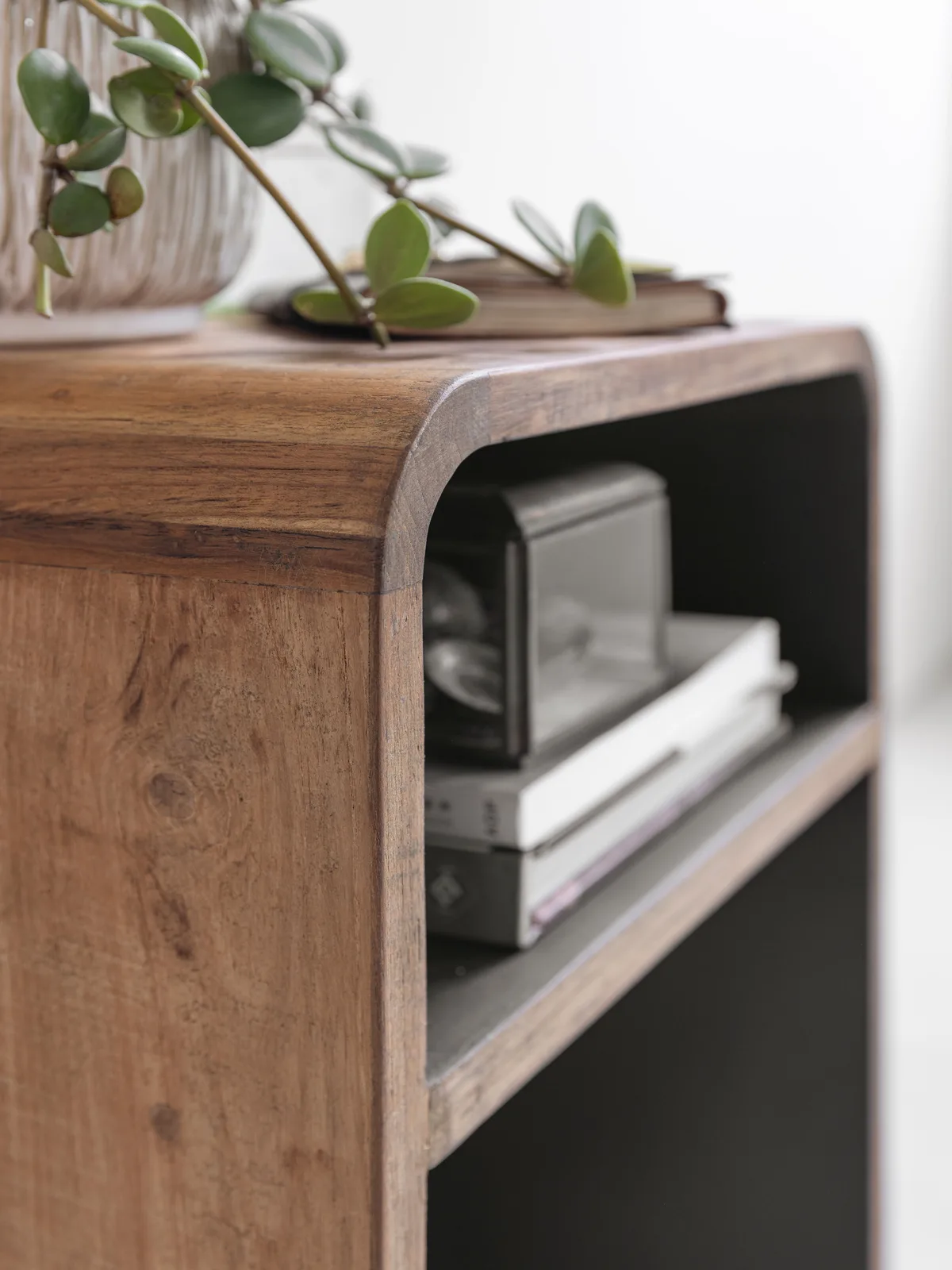 Detailaufnahme der Oberseite und eines offenen Fachs vom Nachttisch Evo, mit Pflanze und Büchern - DTP Home