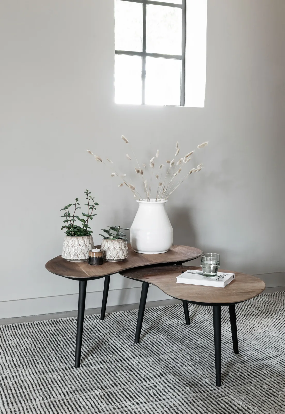 De DTP Home Salontafel Organus in een woonkamer met planten en een vaas met droogbloemen