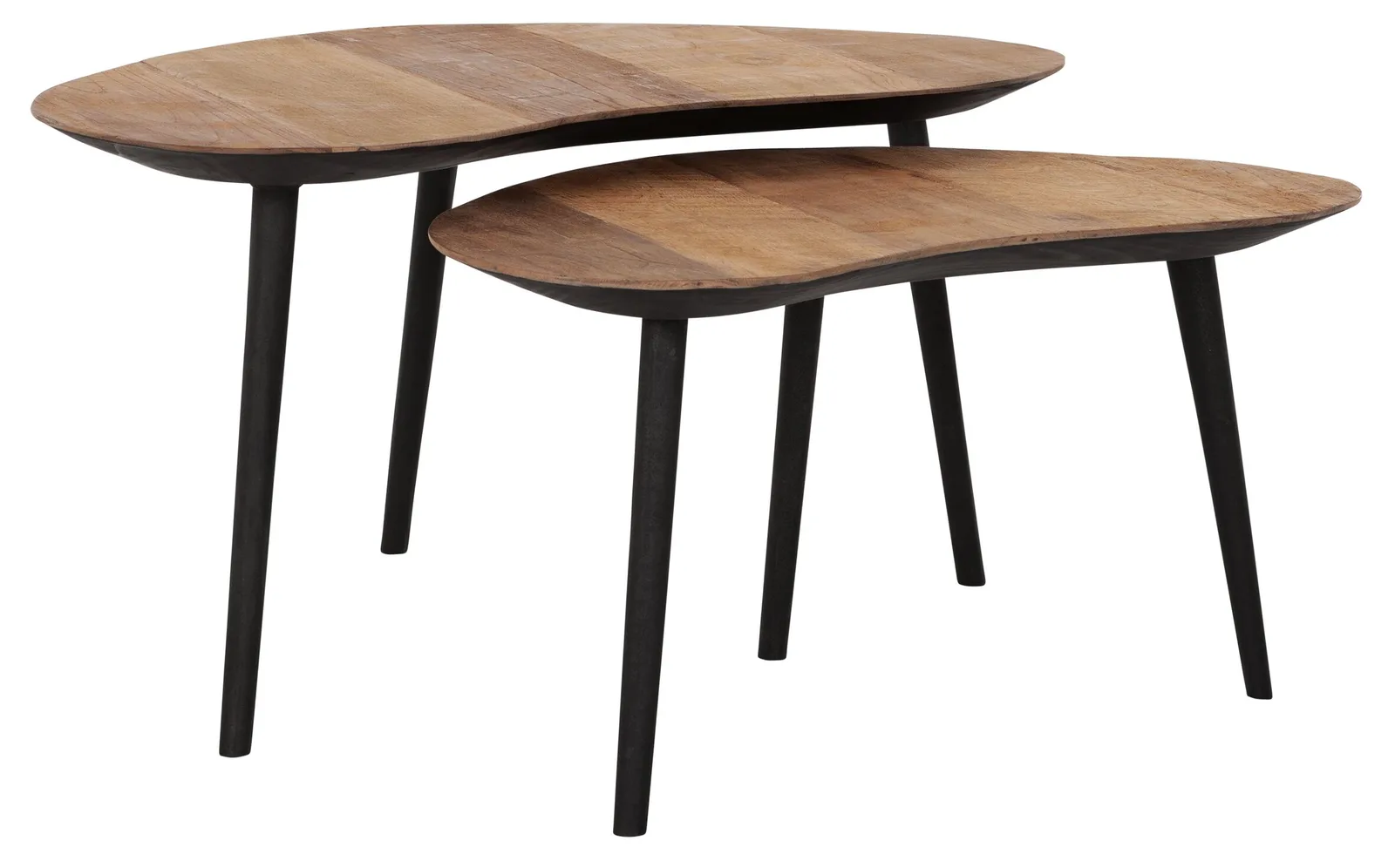 Zwei DTP Home Couchtische Organus mit organisch geformten Holzplatten und schwarzen Beinen auf weißem Hintergrund