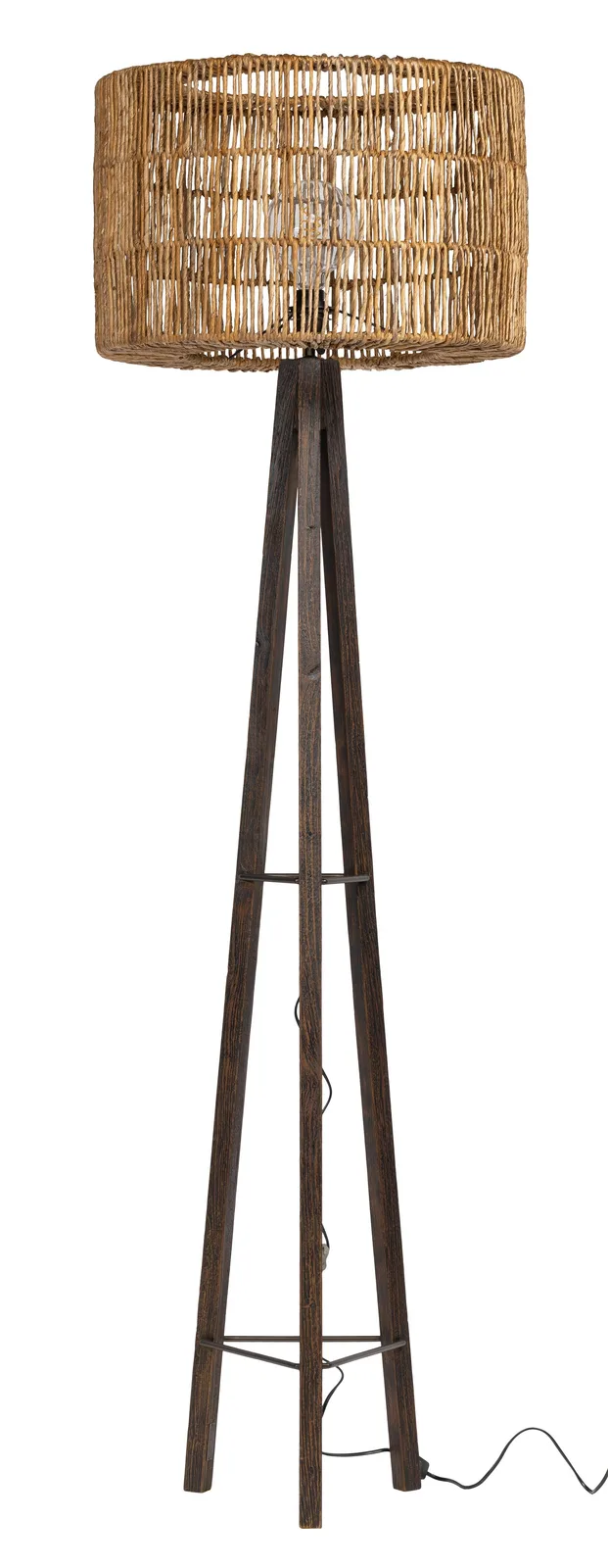 Stehleuchte Lampshade San Lorenzo mit einem Rattanschirm und dunklem Holzstativ auf weißem Hintergrund - MUST Living