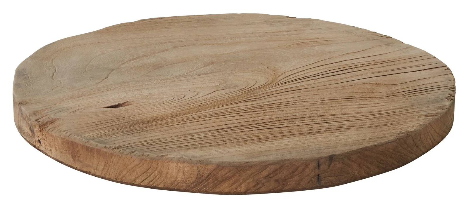 Servierware Plate Display, eine runde Holzscheibe mit natürlichen Maserungen auf weißem Hintergrund - MUST Living