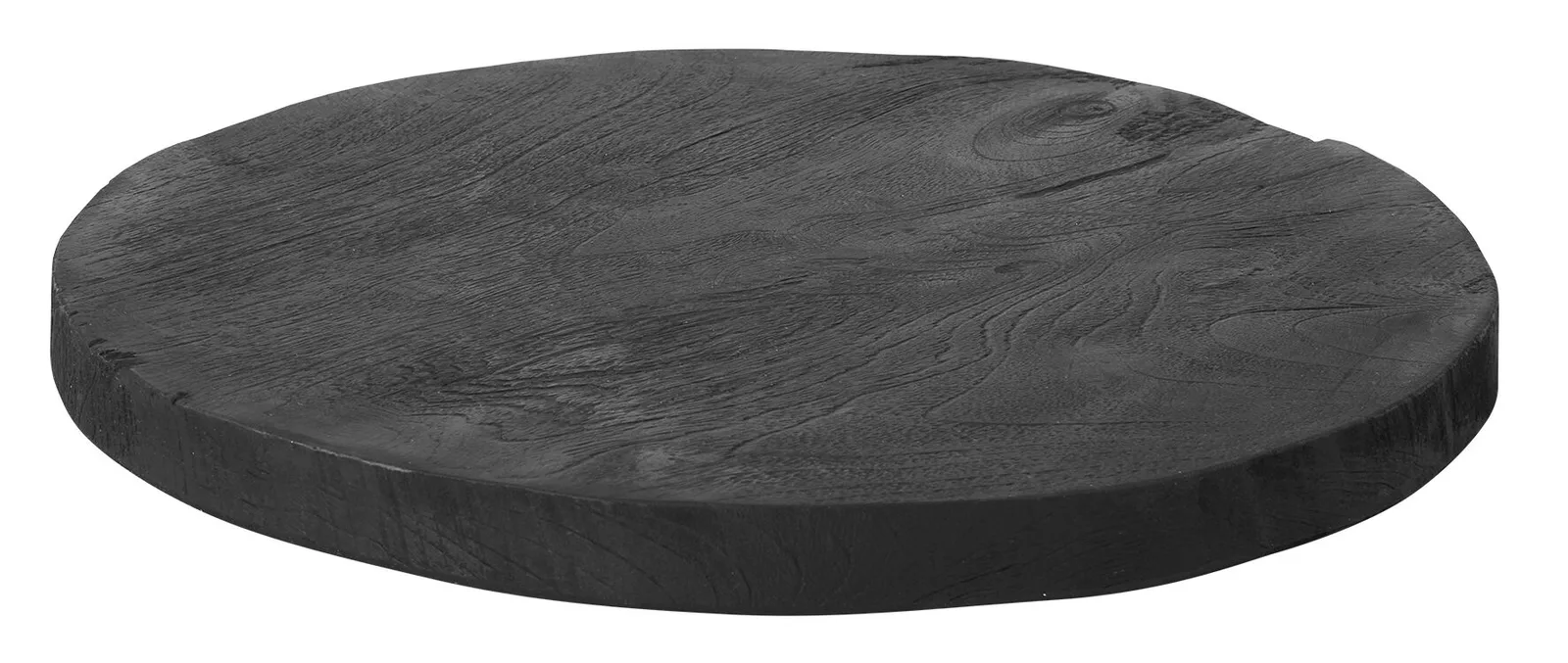 Servierware Plate Display, ein dunkelgraues rundes Holztablett mit Holzmaserung, auf weißem Hintergrund - MUST Living