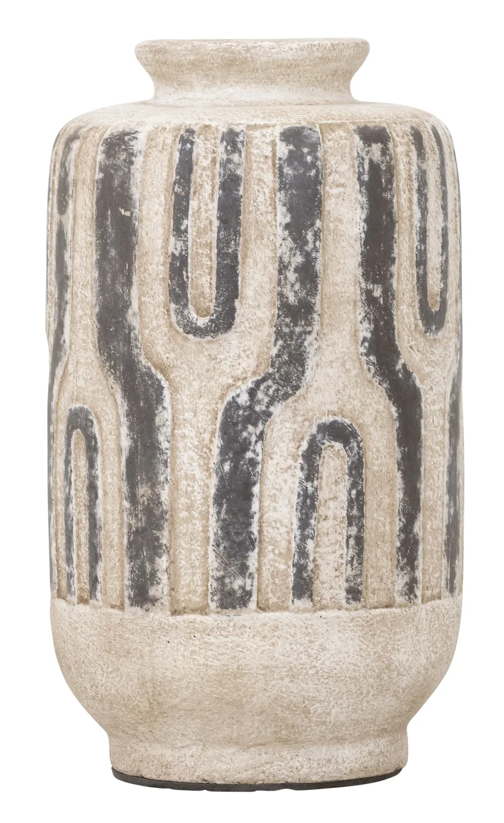 Vase Porto auf weißem Hintergrund, mit einem detaillierten Muster aus schwarzen und beigen Linien - MUST Living