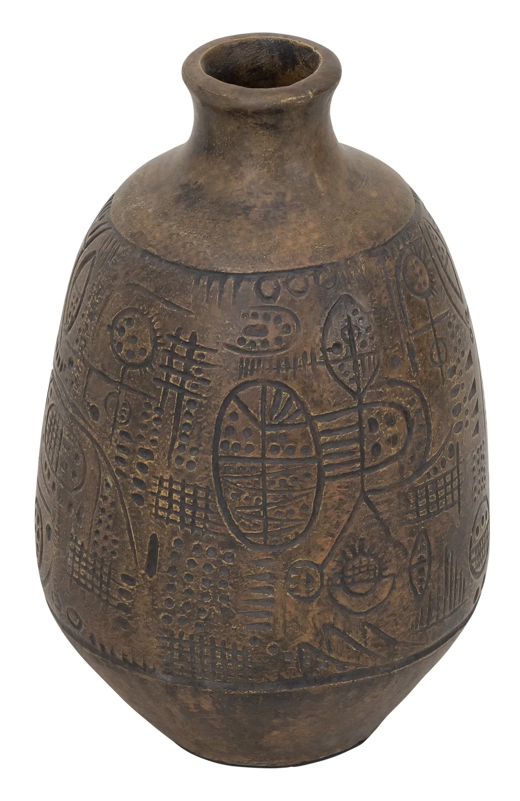 Vase Faro von MUST Living, eine braune Vase mit ethnischen Mustern auf weißem Hintergrund