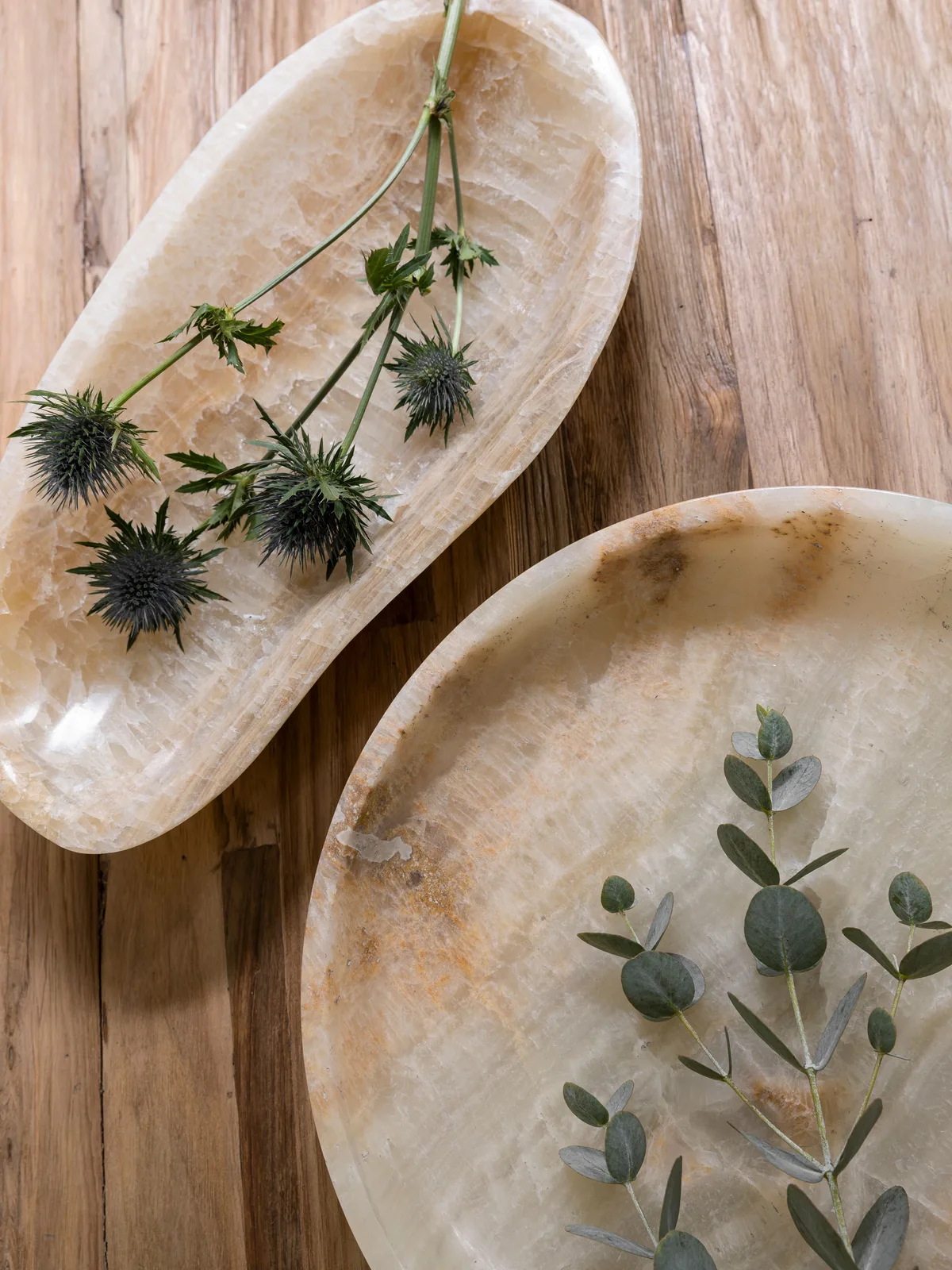 Zwei längliche, beige Geschirr Bean Schalen mit Pflanzen auf einem Holzboden, von oben fotografiert - MUST Living