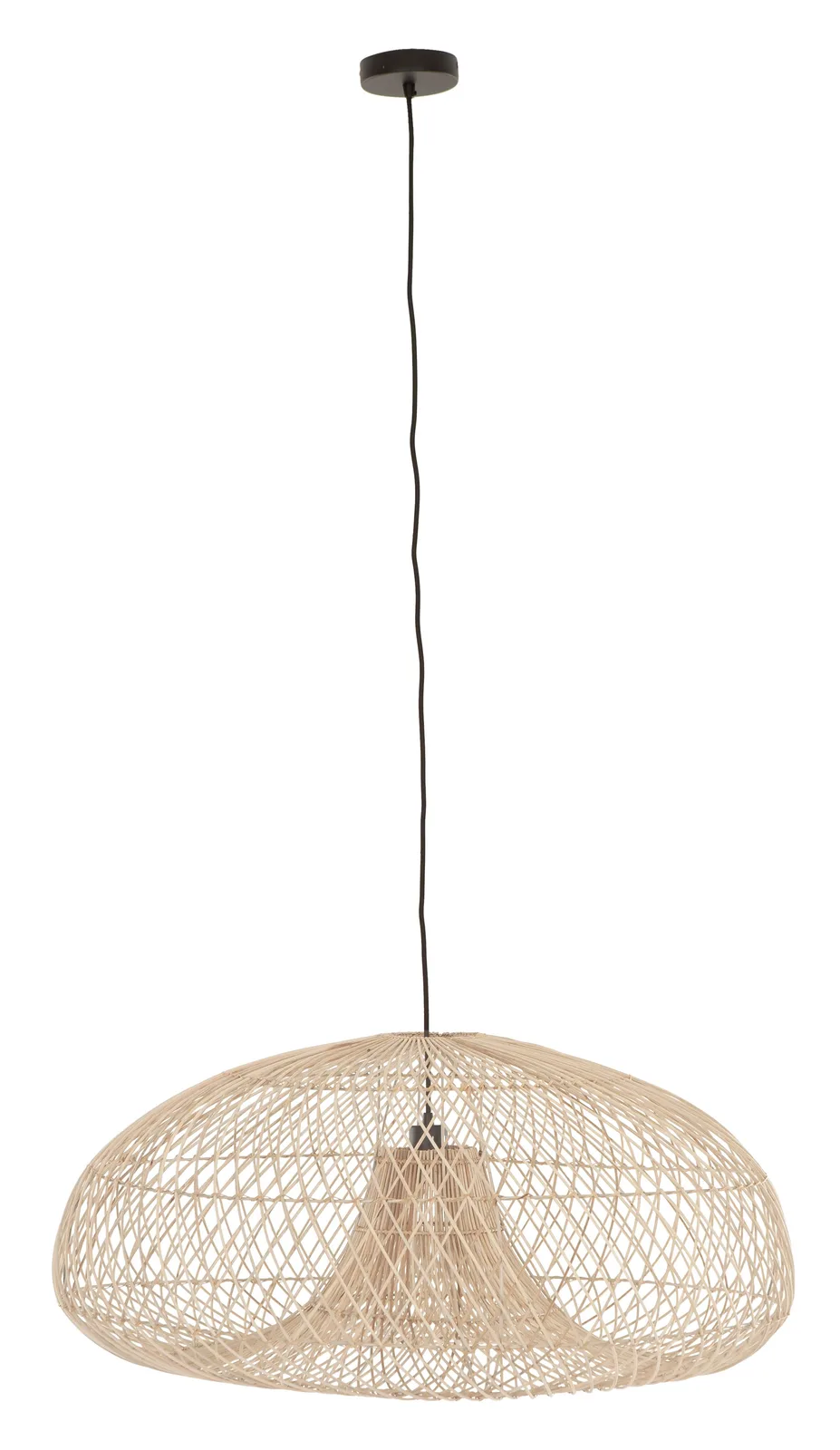 Hängeleuchte Pendant lamp Cala Salada small mit einem gewebten, hellbeigen Schirm, der an einem schwarzen Kabel hängt - MUST Living