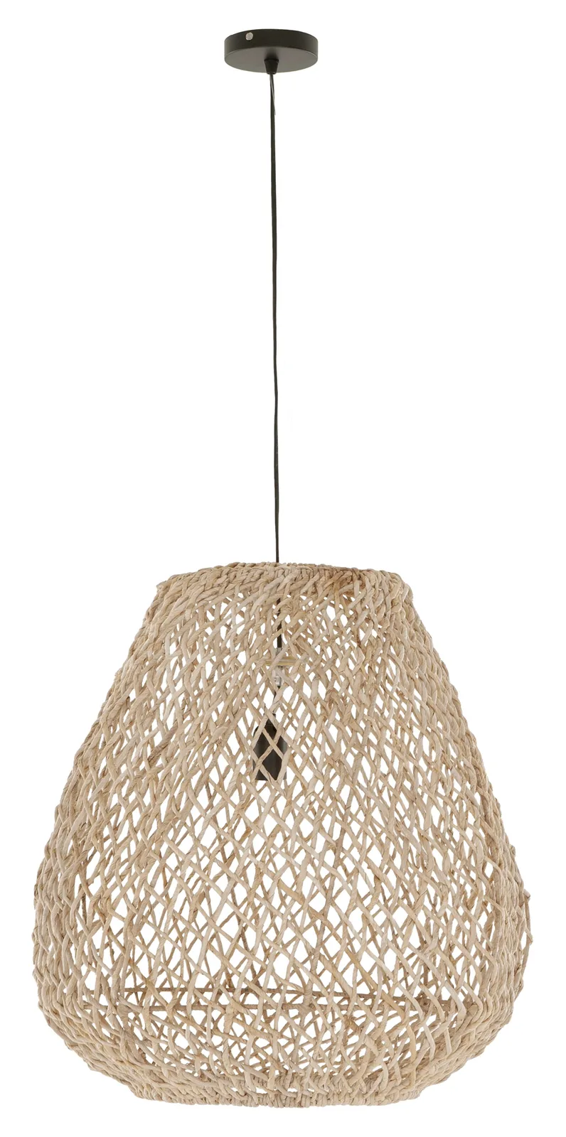 Hanglamp Punta Rasa met een geweven kap van natuurlijke vezels, hangend aan een zwarte draad tegen een witte achtergrond - MUST Living