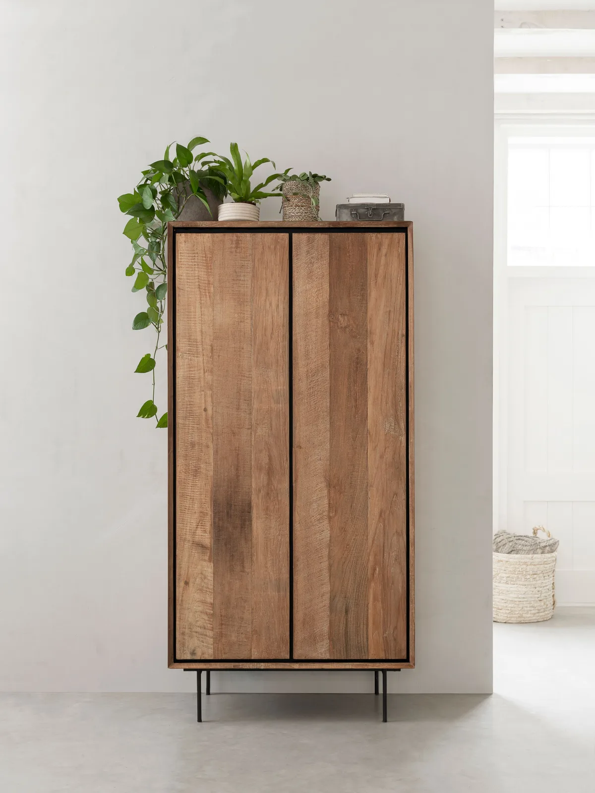 Kast Metropole laag in een lichte studio-opstelling met planten bovenop en een mand ernaast - DTP Home