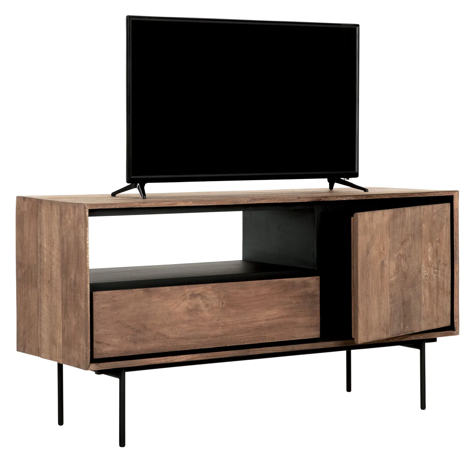 Das DTP Home TV-Möbel Metropole mit einem Fernseher darauf, auf weißem Hintergrund fotografiert