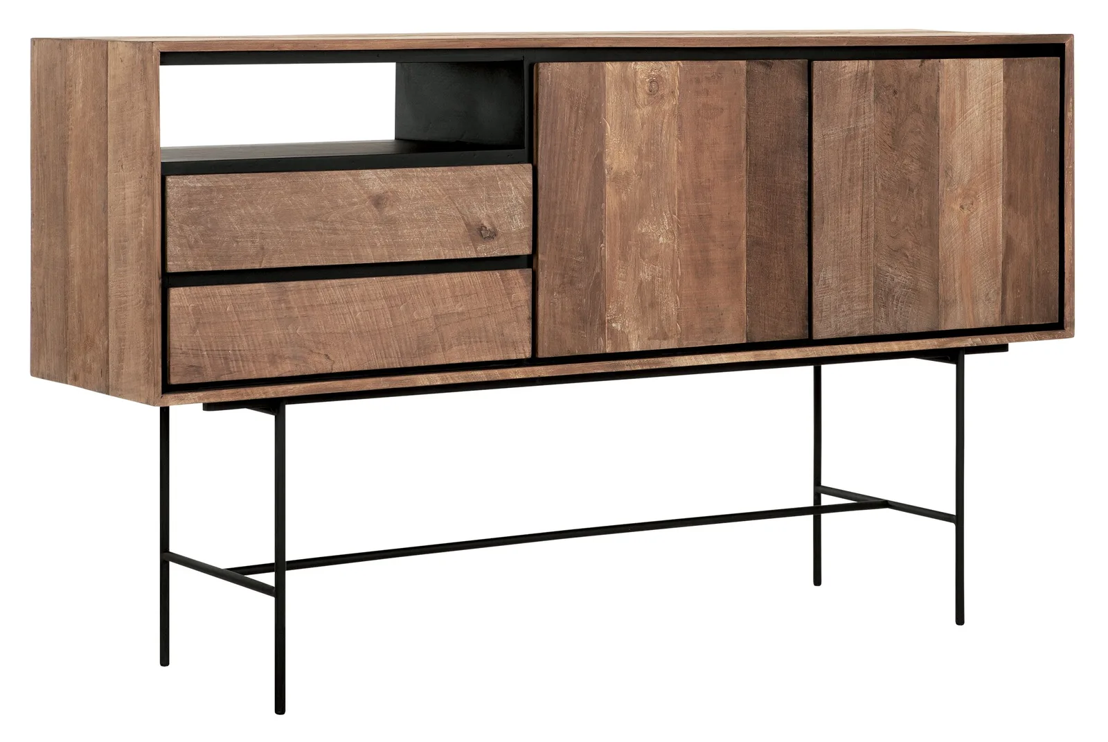 Dressoir Metropole op een witte achtergrond, met twee lades en twee deuren van gerecycled teakhout - DTP Home