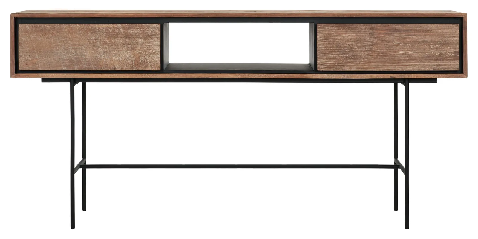 Dressoir Metropole Sideboard met twee lades en open vak op een zwart metalen onderstel, gefotografeerd op witte achtergrond - DTP Home